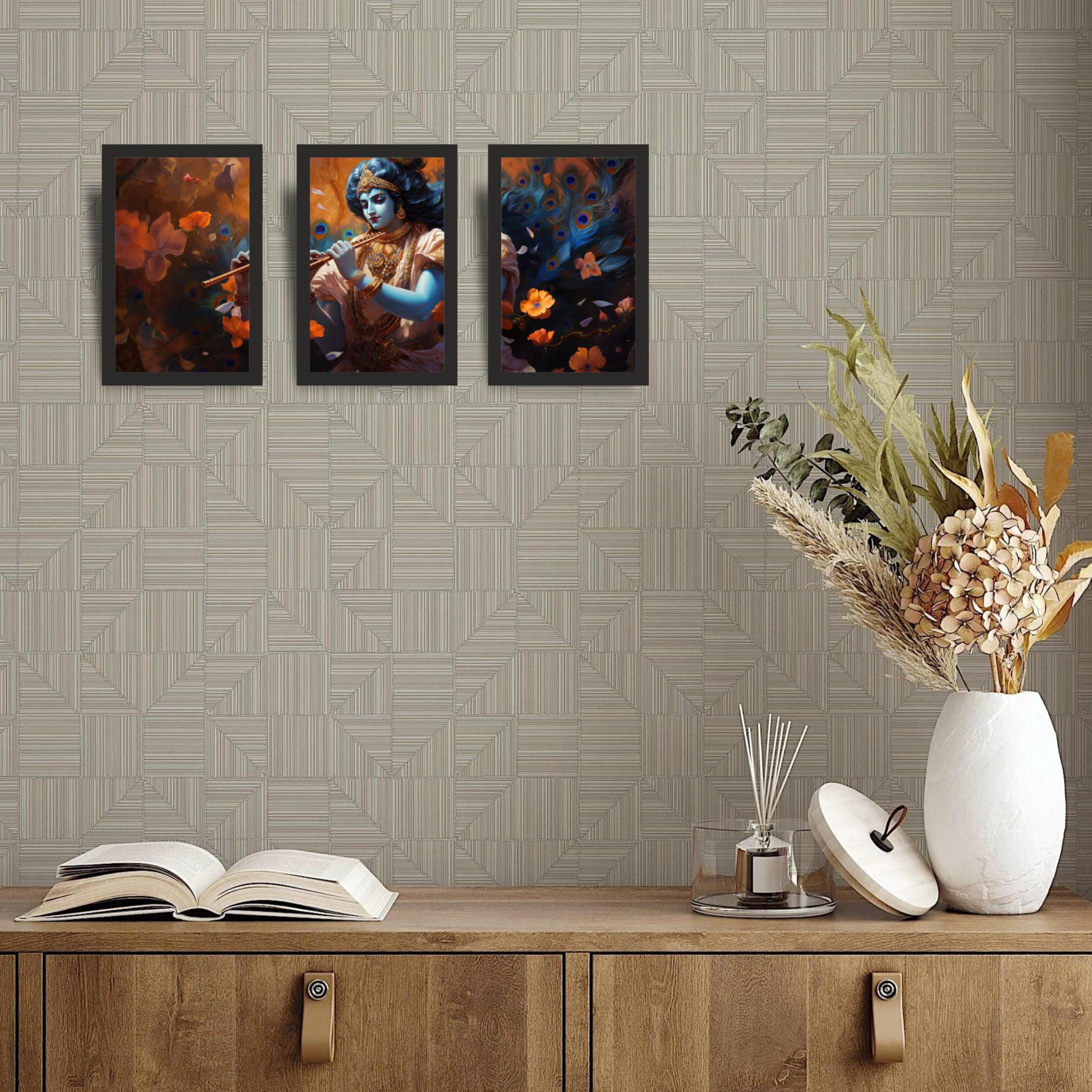Lord Krishna Flute Digital Wall Art Set of 3