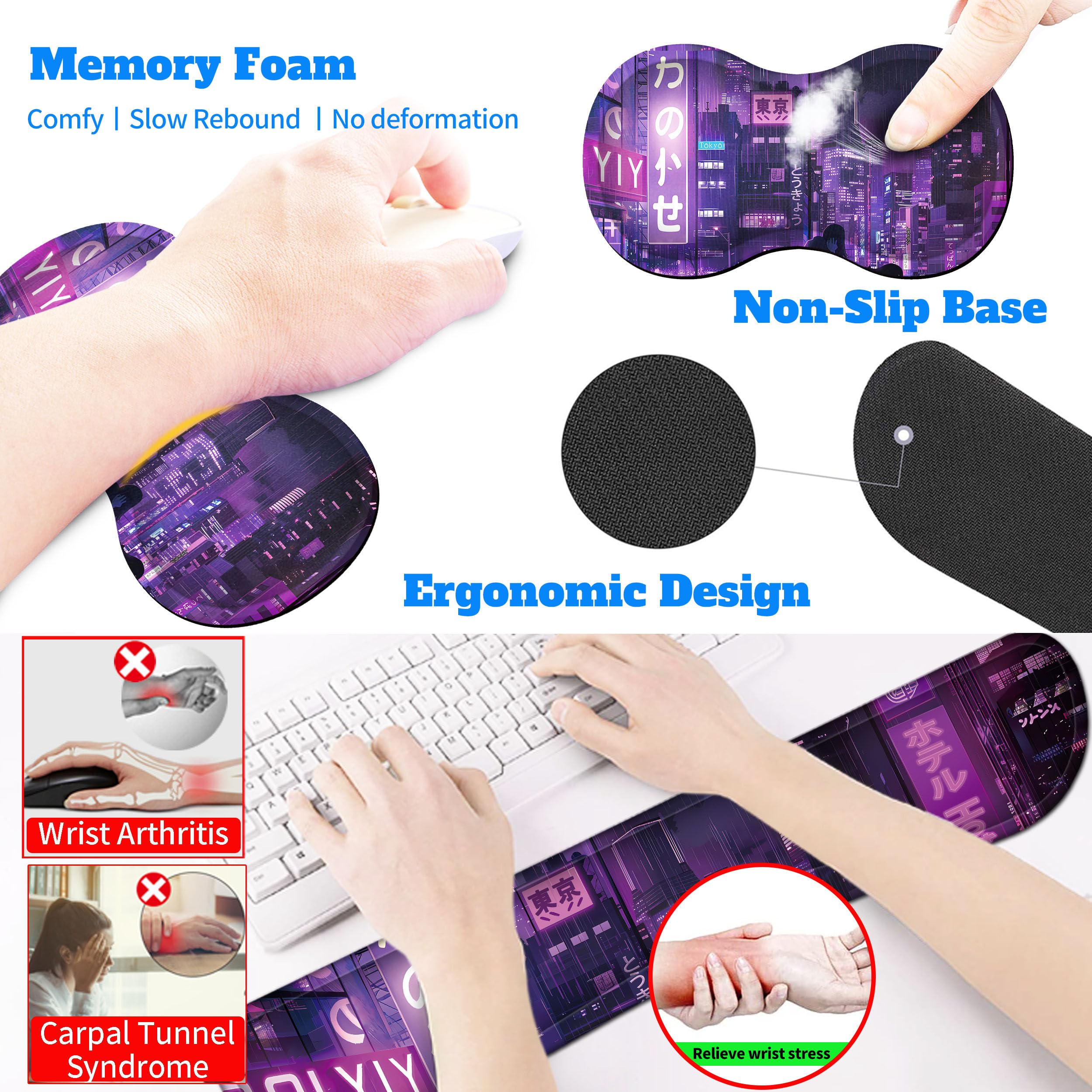 Anime Neon Large Mouse Pad And Keyboard Wrist Rest,Purple Extended - View #4