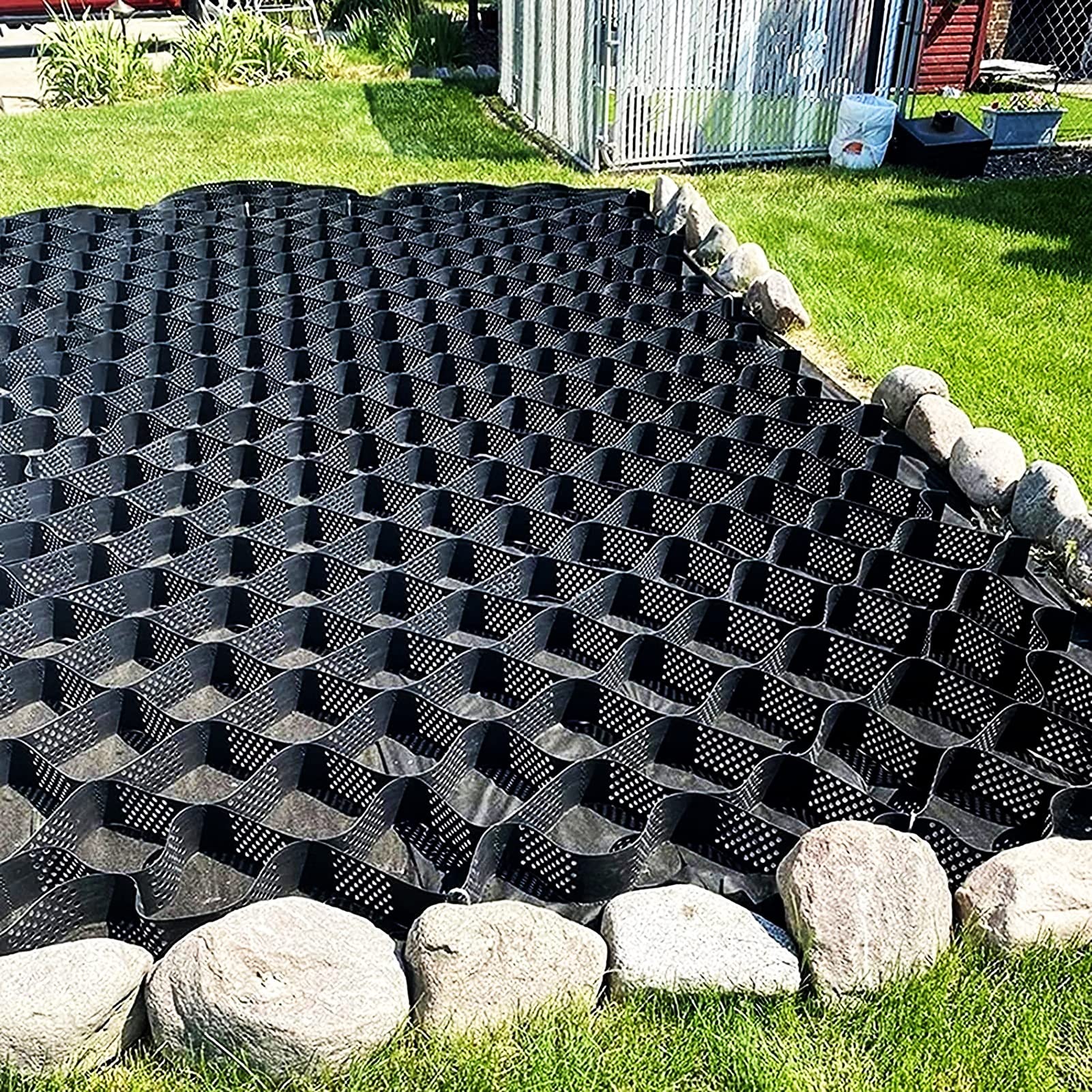 Układarka do żwiru ogrodowego, 5 cm stabilizator ziemi o wysokiej strukturze plastra miodu, przepuszczalna skośna sieć do krajobrazu, rozmiar: 3 x 7 m / 10x23ft/10 x 23 stopy, trwałe i regulowane