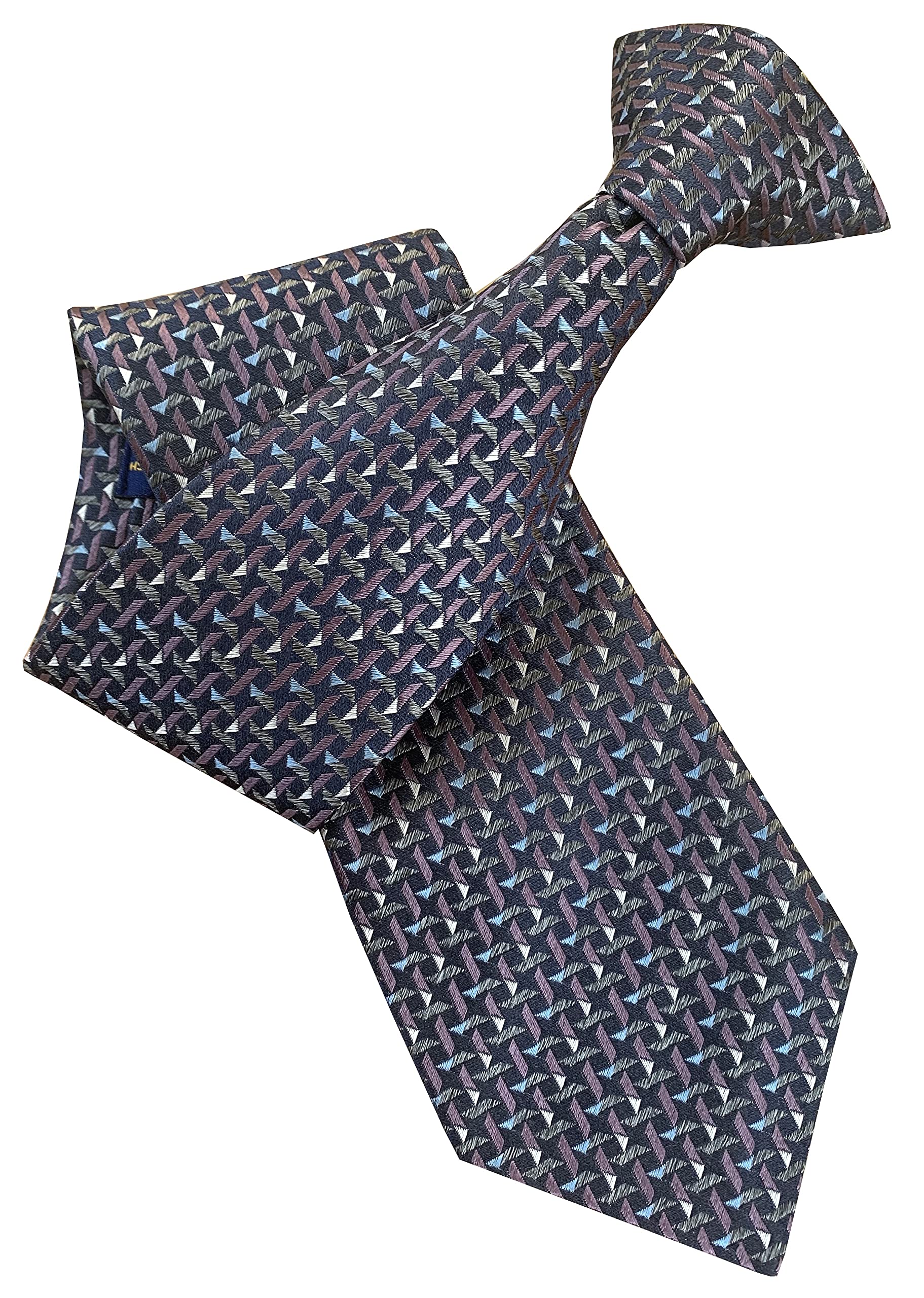Great British Tie Club Men's Navy Blue, Purple, Grey 100% Silk Navy Blue, Purple & Grey Geometric Pattern Clip On Tie