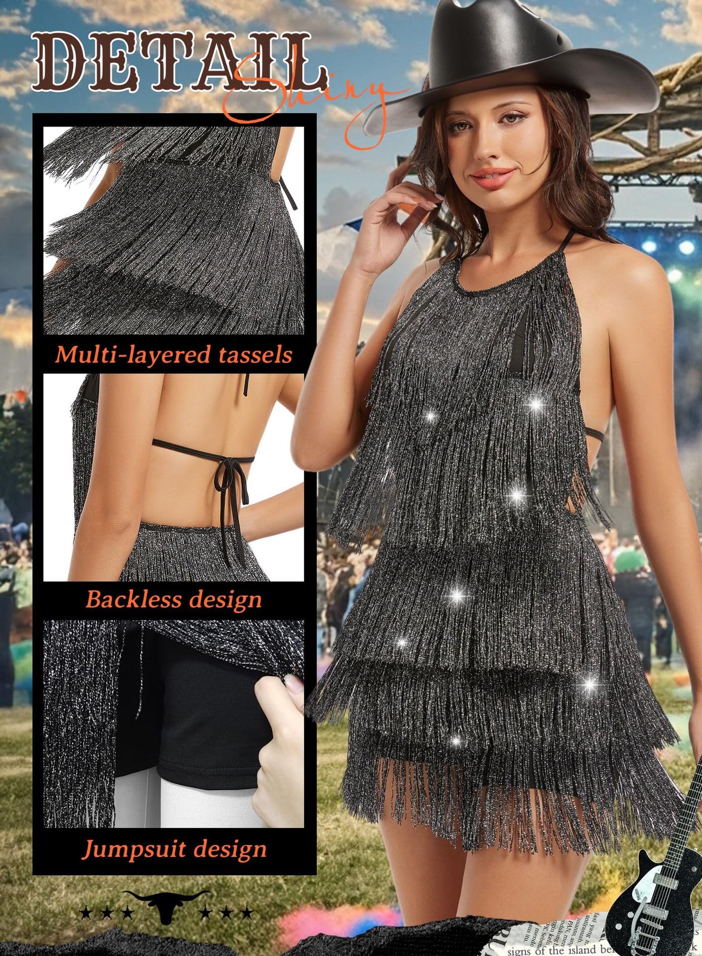 EVELUST Abito da donna con frange da concerto, stile western, con schiena scoperta, con scollo all'americana, tuta elastica, pagliaccetto per festival rodeo