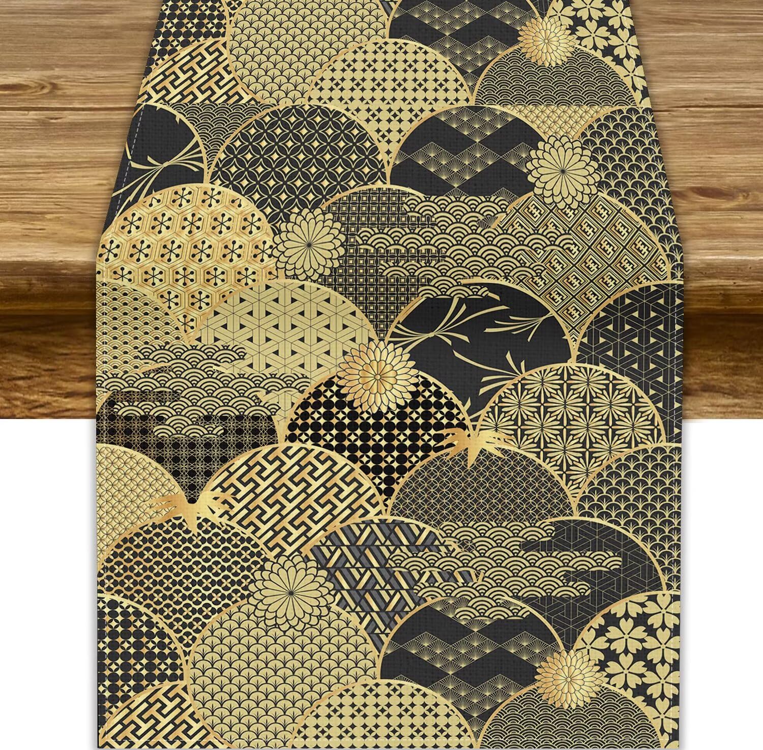 Japanese Table Runner,Gold Vintage Traditional Oriental Geometric Line Chinese Style Table Runner for Home Party Kitchen Dining Table Wedding Decor 13x108in