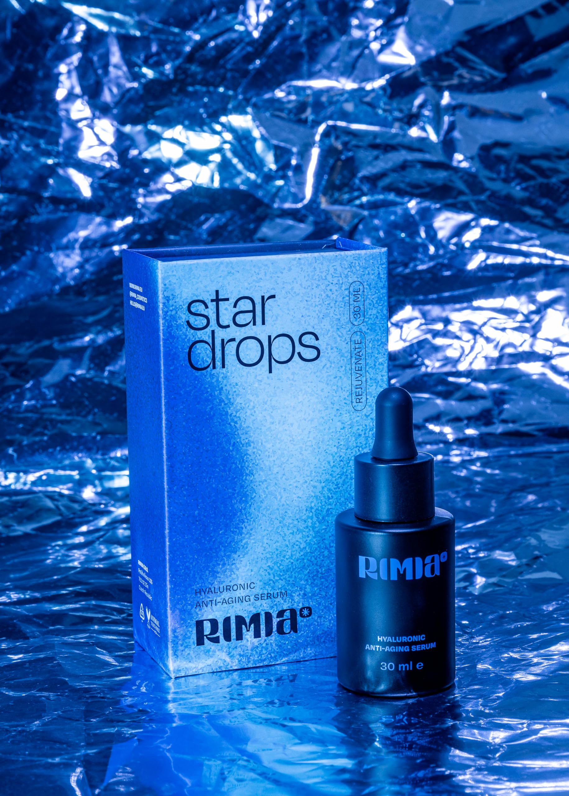 Rimia Star Drops – odmładzające serum z kwasem hialuronowym i gliceryną, intensywna pielęgnacja nawilżająca, wygładzająca i regenerująca, do wszystkich rodzajów skóry, bez cery, wegańskie, 30 ml