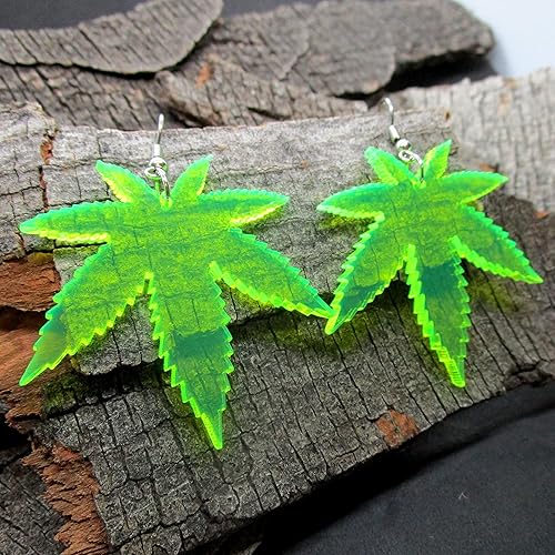 Miniatura 5 de Big Neon Green Pot Leaf Dangle Earrings, 420 Weed Marijuana Jewelry, Hypoallergenic Nickel Free Hooks