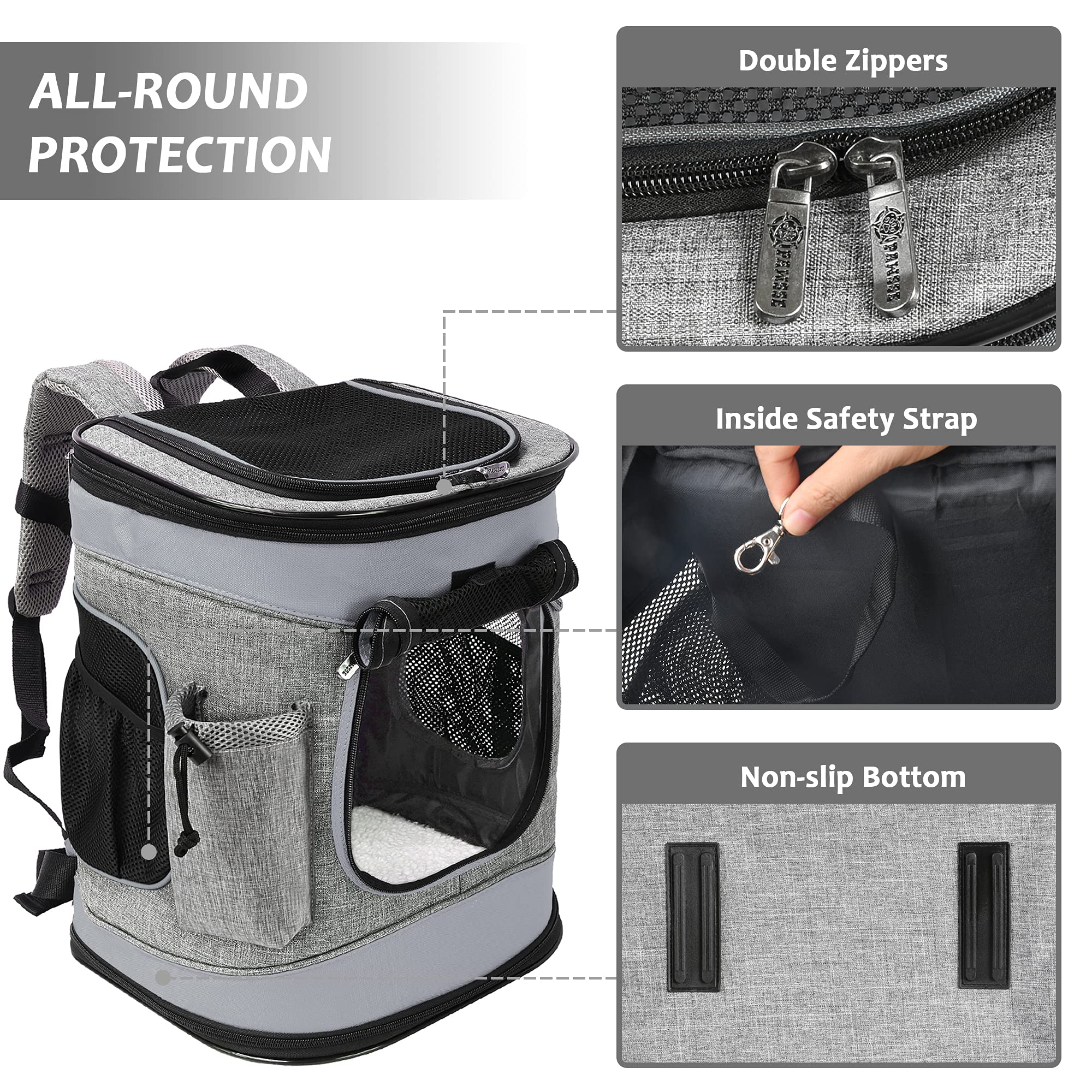 Katzenrucksack Hunderucksack bis 6.8KG, Faltbare Haustier Tragetasche mit Innerer Sicherheitsleine und Matte für Katzen und Hunde, Grau