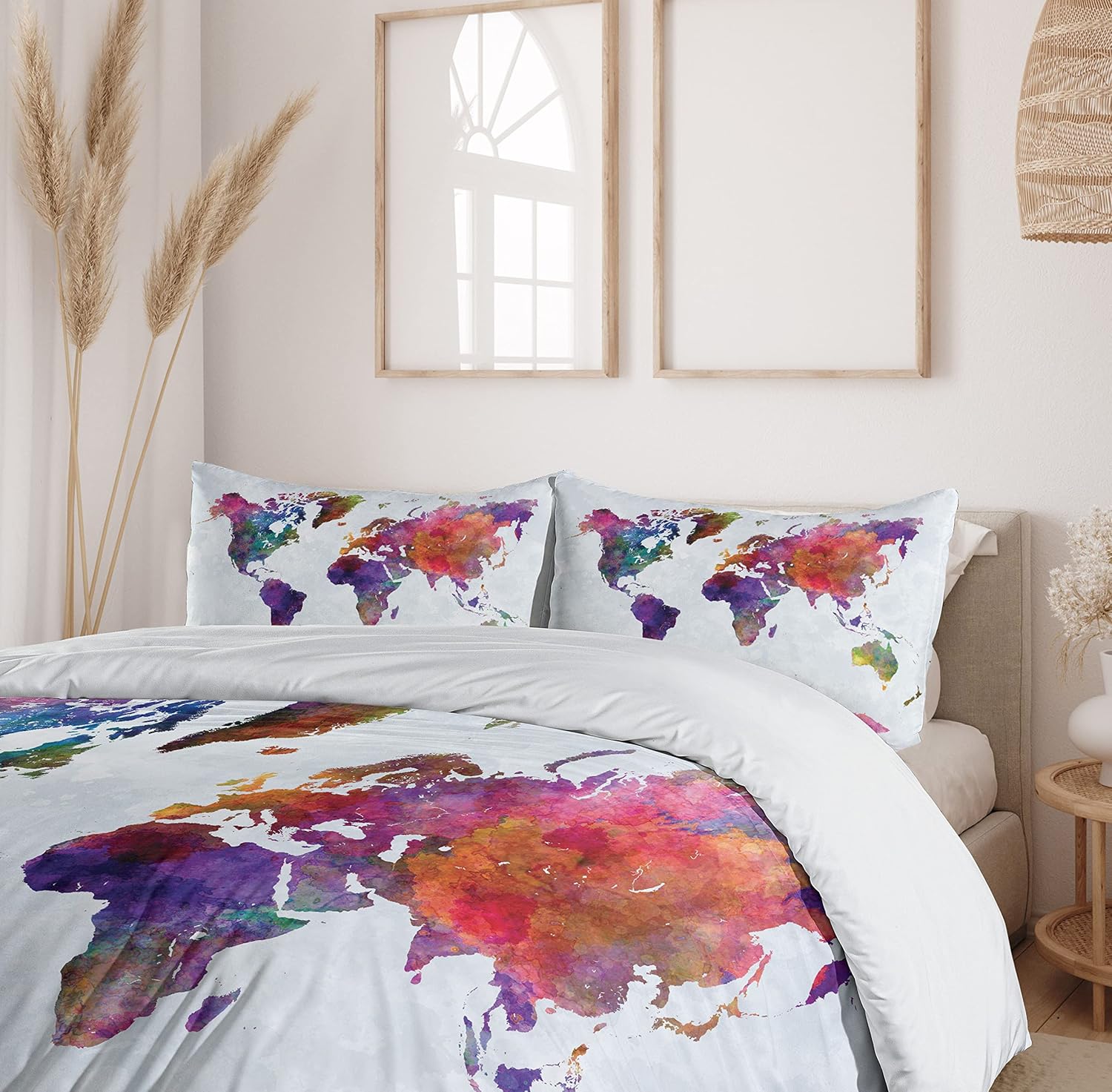 Ambesonne Watercolor Duvet Cover Set, Multicolored Hand Drawn World Map Asia Europe Africa America Geography Print, Decorative 3 Piece Bedding Set with 2 Pillow Shams, Queen Size, Gray Purple Queen Gray Purple