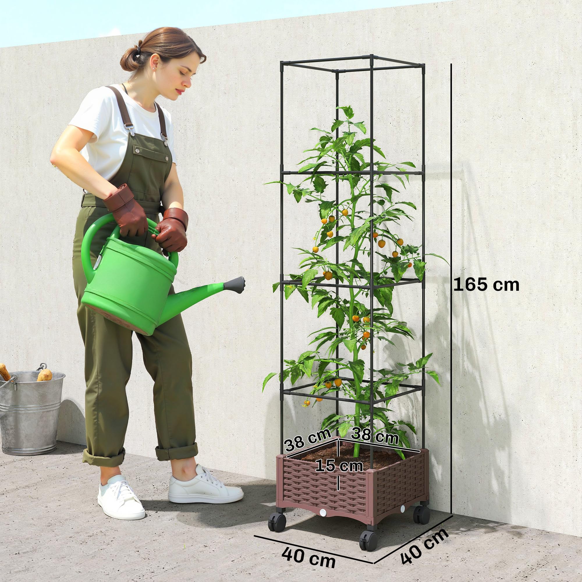 Outsunny Fioriera Rialzata con Traliccio 20L, Letto per Orto Rialzato da Esterno con Ruote Bloccabili, Sistema di Autoirrigazione, Fori di Drenaggio, per Piante Rampicanti, Verdure e Fiori, Marrone