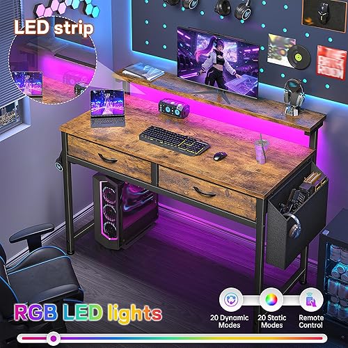 Miniatura 5 de Escritorio para juegos con luces LED con 2 cajones, escritorio de 31.5 pulgadas, escritorio de oficina en casa, escritorio para computadora con
