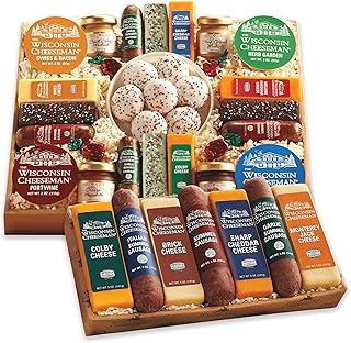 The Wisconsin Cheeseman 21 Favorites Food Gift Box with Assorted Summer Sausage Meats & Cheese Bricks w/Meat and Cheese Combo Featuring Italian, Original and Garlic Summer Sausage