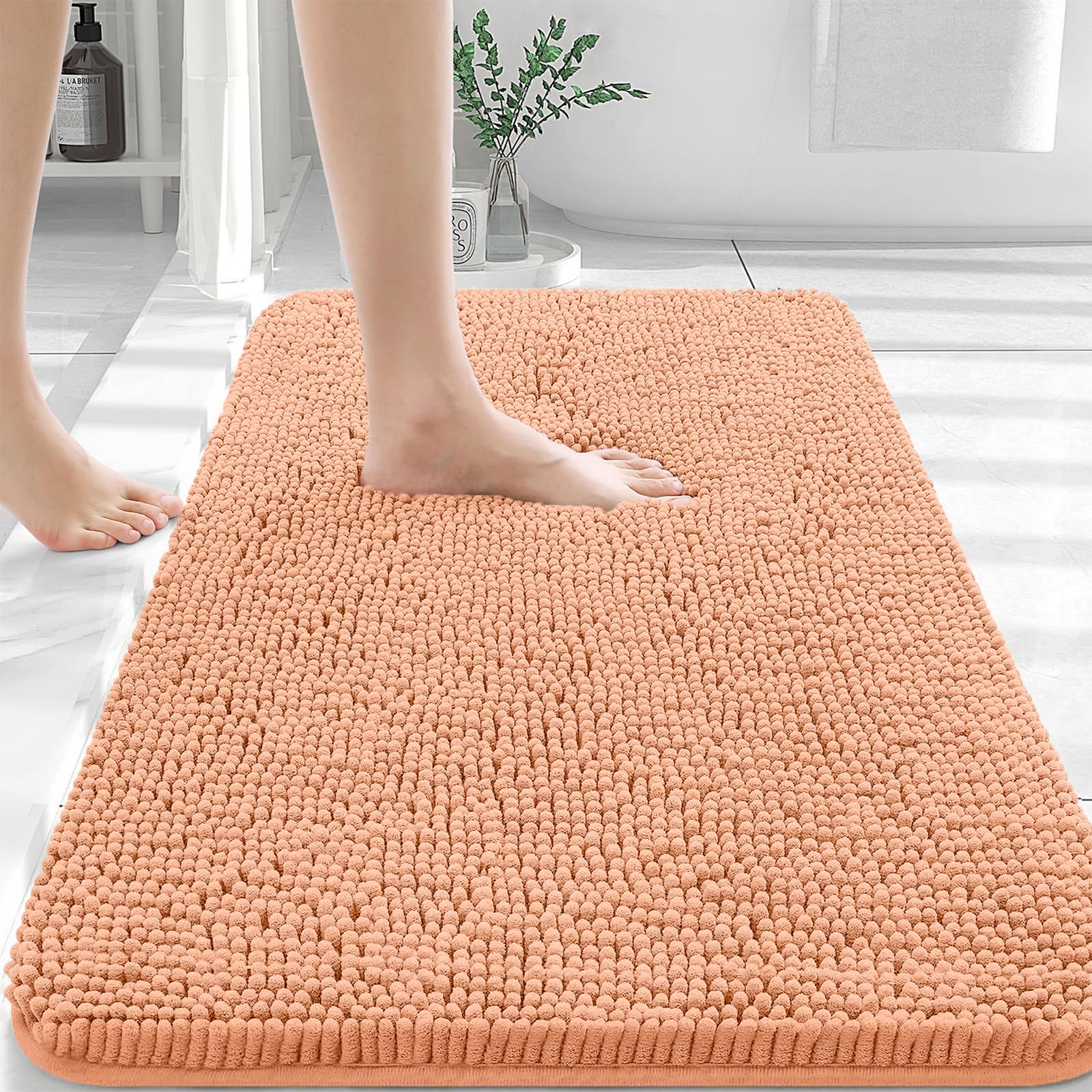 OLANLY Bathroom Rugs 30x20, Extra Soft Absorbent Chenille Bath Rugs, Rubber Backing Quick Dry, Machine Washable Bath Mats for Bathroom Floor, Tub and Shower, Home Decor Accessories, Peach 30" x 20" Peach