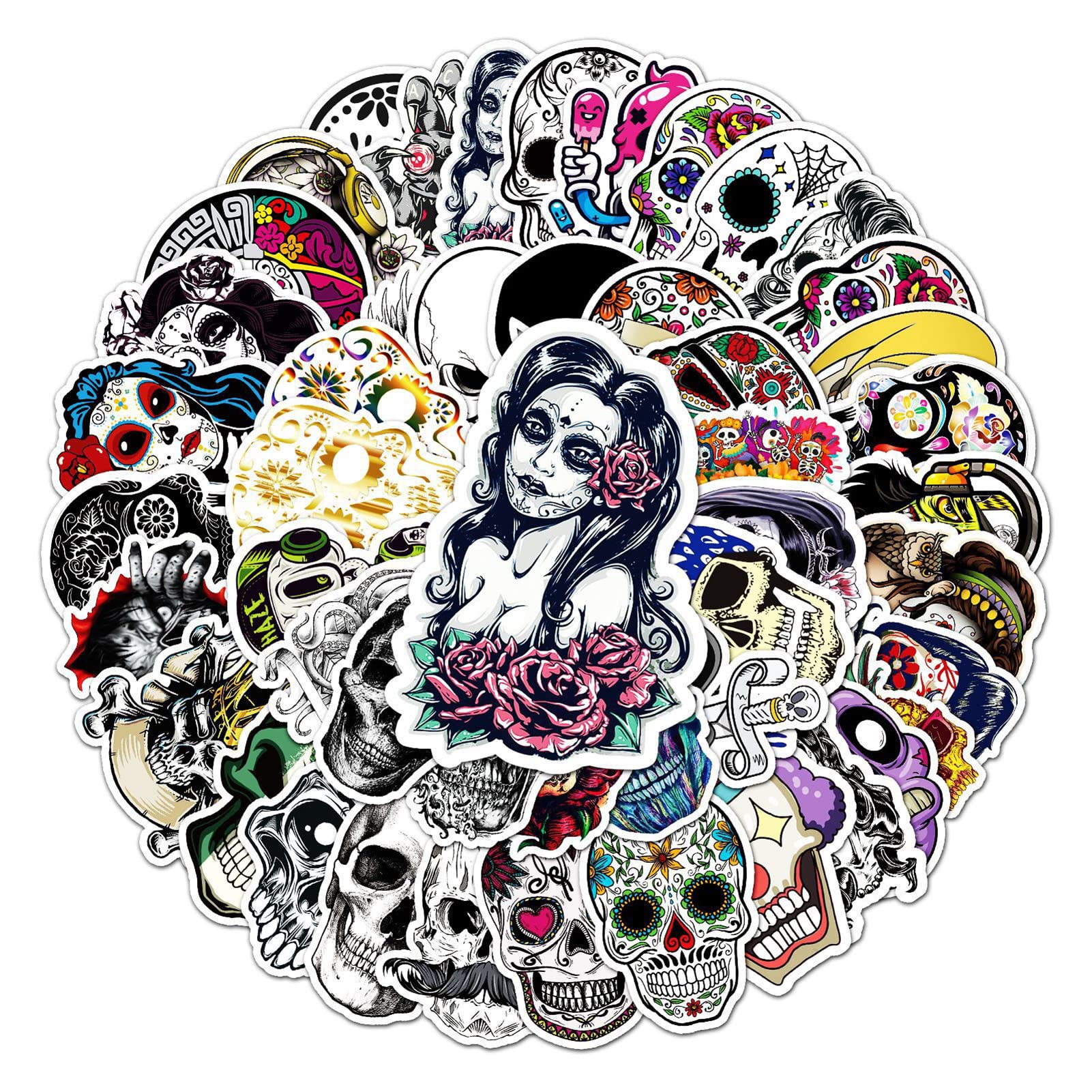 50Pcs Colorful Skull Sticker Funny Graffiti Skeleton Vinyl Waterproof Stickers Satanic Cool Punk Skull Stickers Horror Skeleton Anime Stickers for Laptop Book Phone Luggage Cup