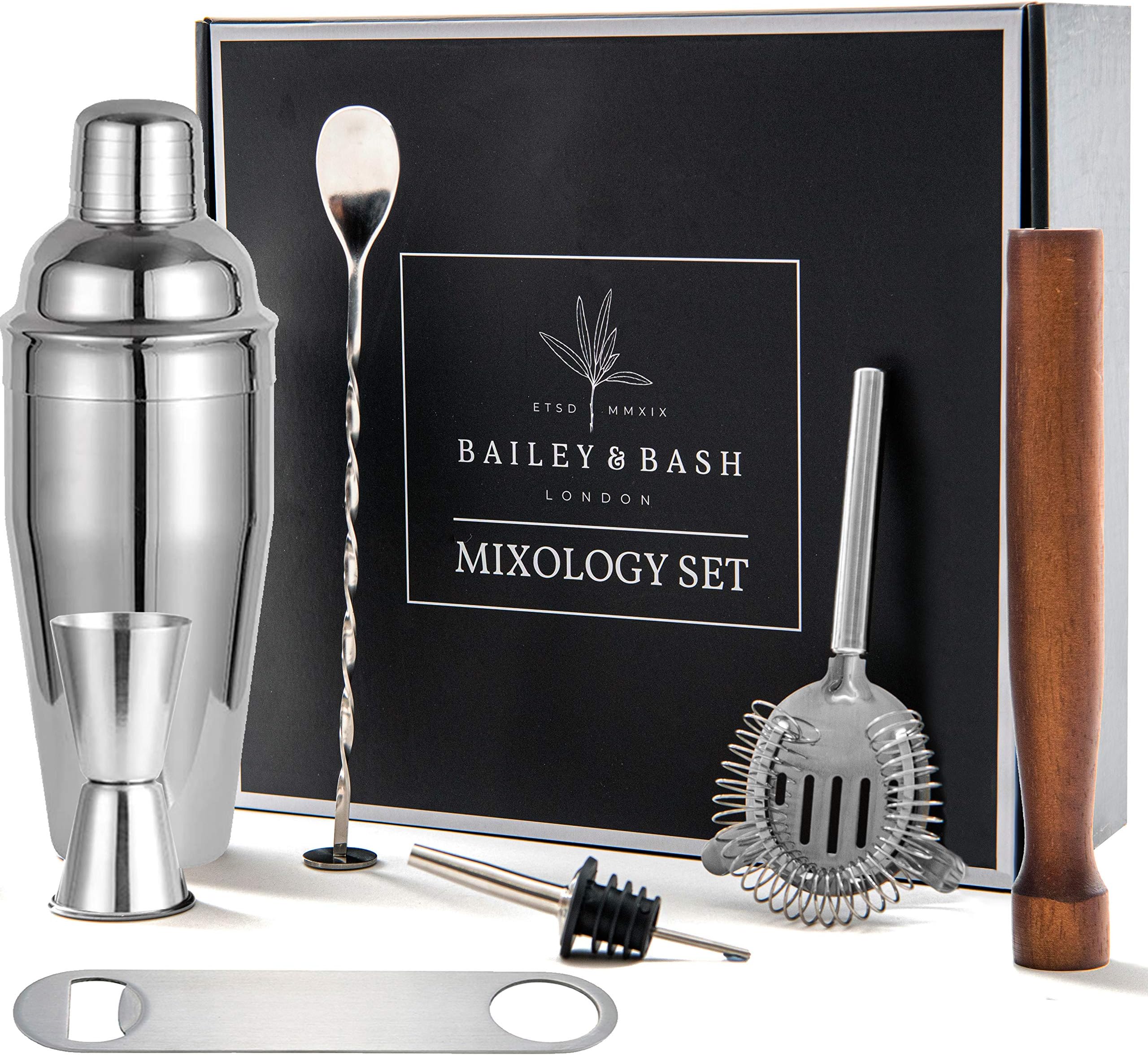 Bailey & Bash Cocktail Making Set: Mixology Kit Stainless Steel Manhattan Shaker, Muddler, Strainer, Bar Measure, Pourer, Spoon and Bottle Opener in Gift Box. Essentials for Bartending and Home bar.