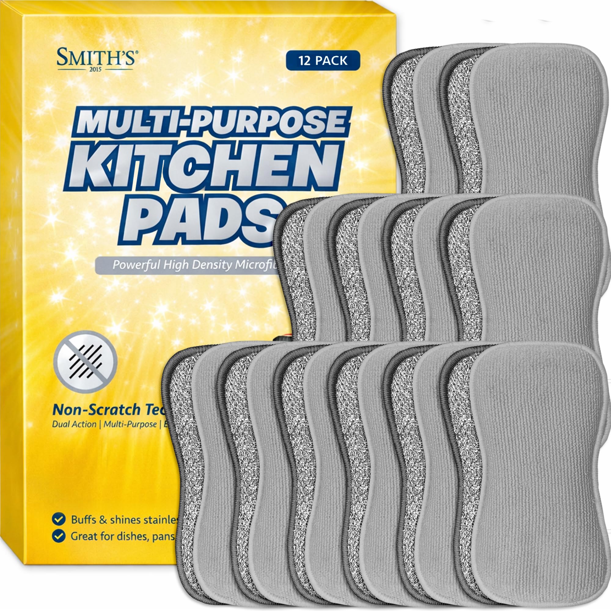 Smith's 2015 Grey Multi-Purpose Kitchen Pads By Smith’s® | | 12 Pack | Washing Up Dishes & Multi-Surface Scrub Sponges | Kitchen & Home | Non-Scratch | Durable | Chemical Free