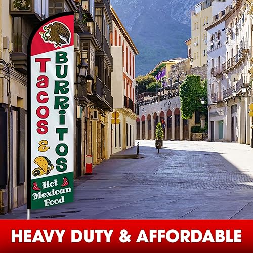 Miniatura 4 de Tacos Burritos - Banderas de restaurante mexicano  Paquete de 2  Banderas publicitarias sin viento para exteriores de 2.5 pies x 11.5 pies  Letreros