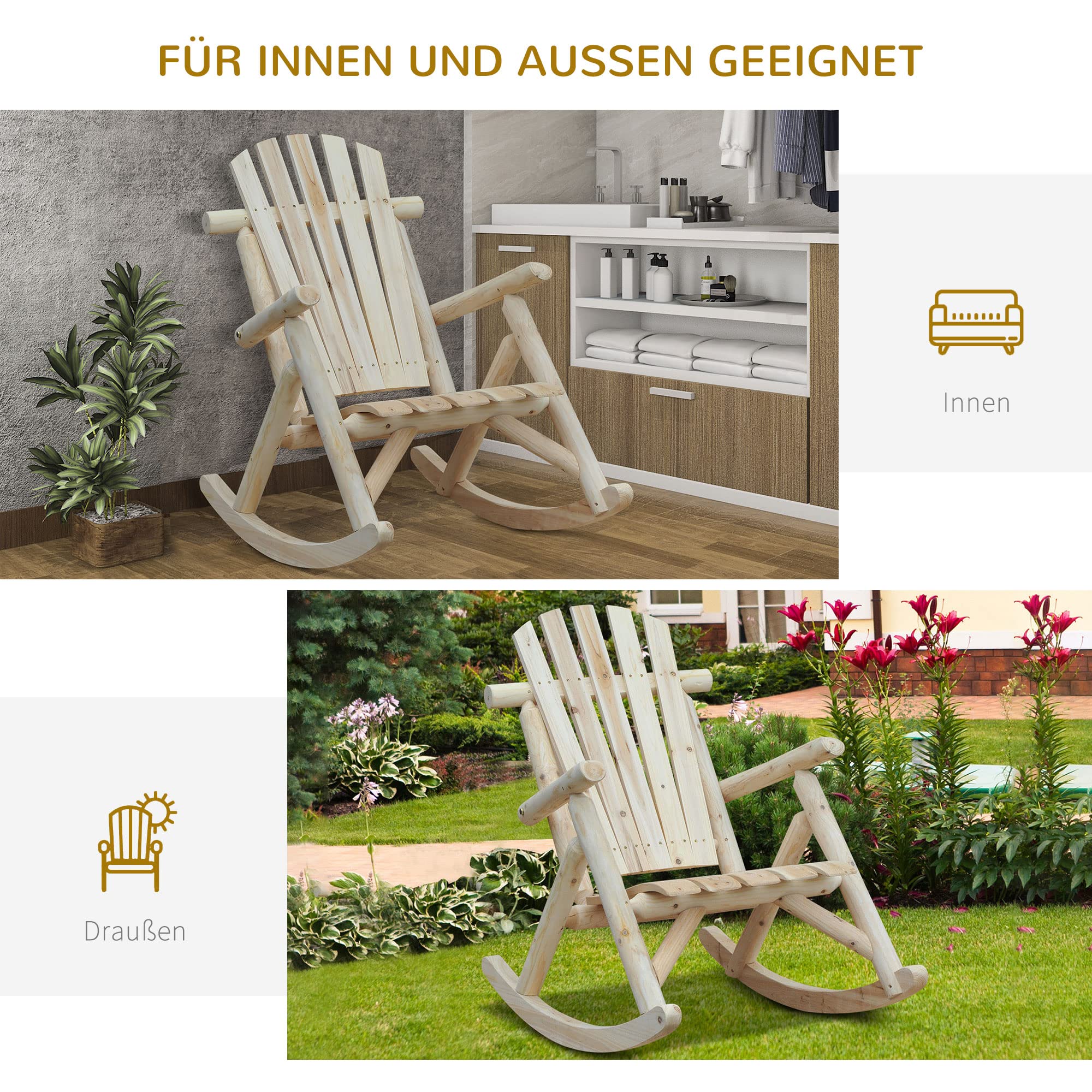 Outsunny Schaukelstuhl Schwingsessel Schaukel Gartenstuhl Relaxstuhl Tannenholz Natur
