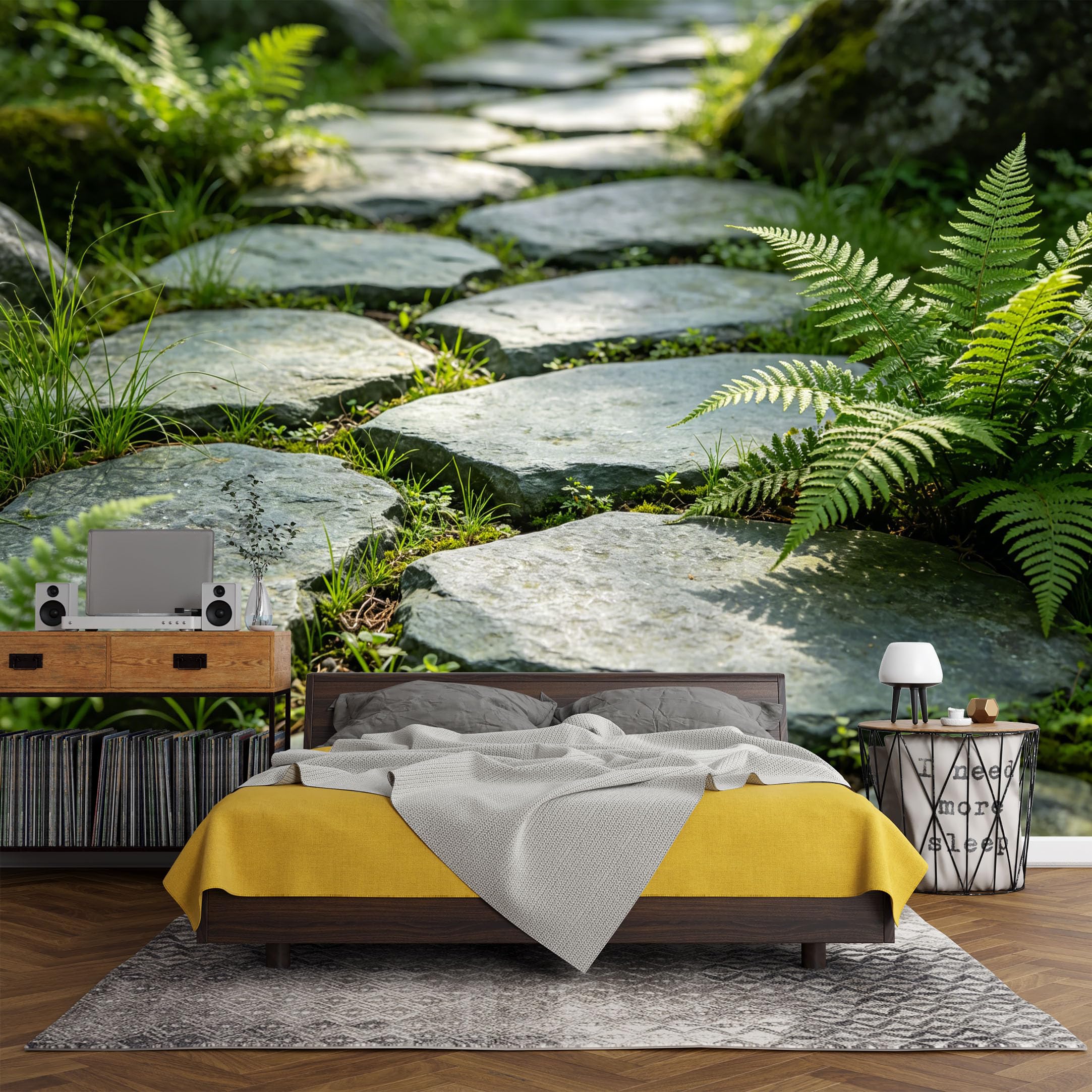 Custom Size Wall Mural， Botanical Garden Stone Path Fern Forest Green Nature Landscape，SelfAdhesive Art Prints wall Fabric (No PVC) Removable Wallpaper Living Room Decor