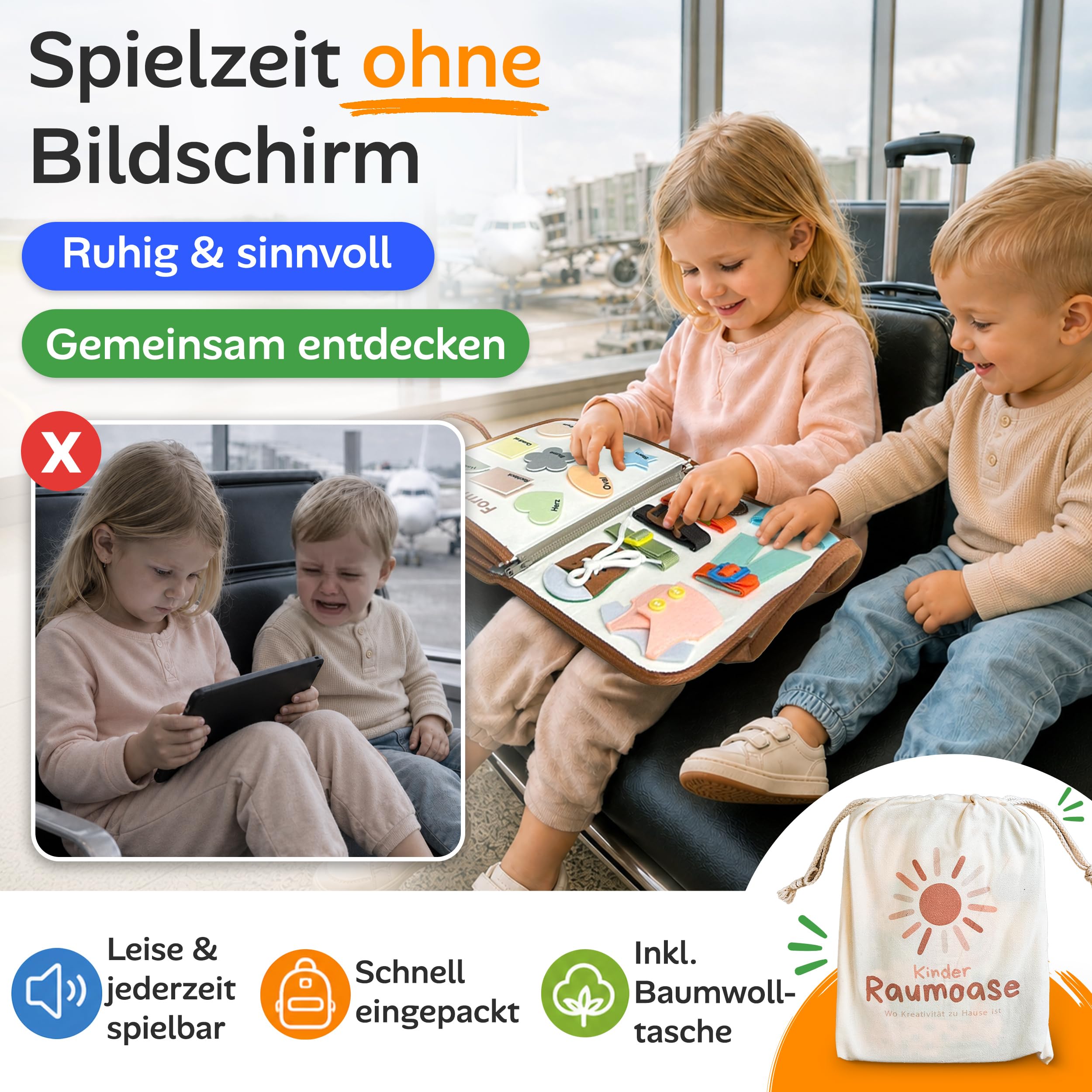 Busy Book ab 3 Jahre – Lernspielzeug für unterwegs – Beschäftigungsbuch für Auto & Flug – Montessori Aktivitätsbuch für Kleinkinder – abwaschbares Cover – Geschenk für Jungen & Mädchen