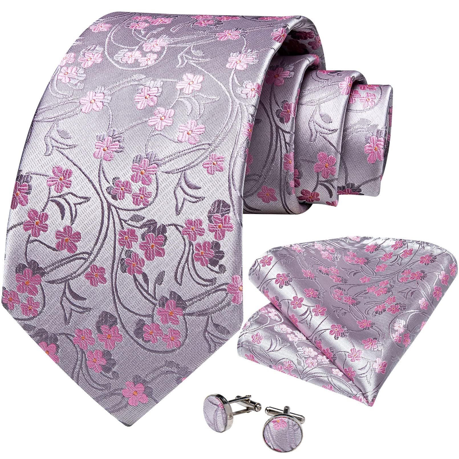 GEDASHU Silk Floral Pink Ties For Men Wedding Party Man Tie Handkerchief Brooch Cufflinks Set Men Accessories
