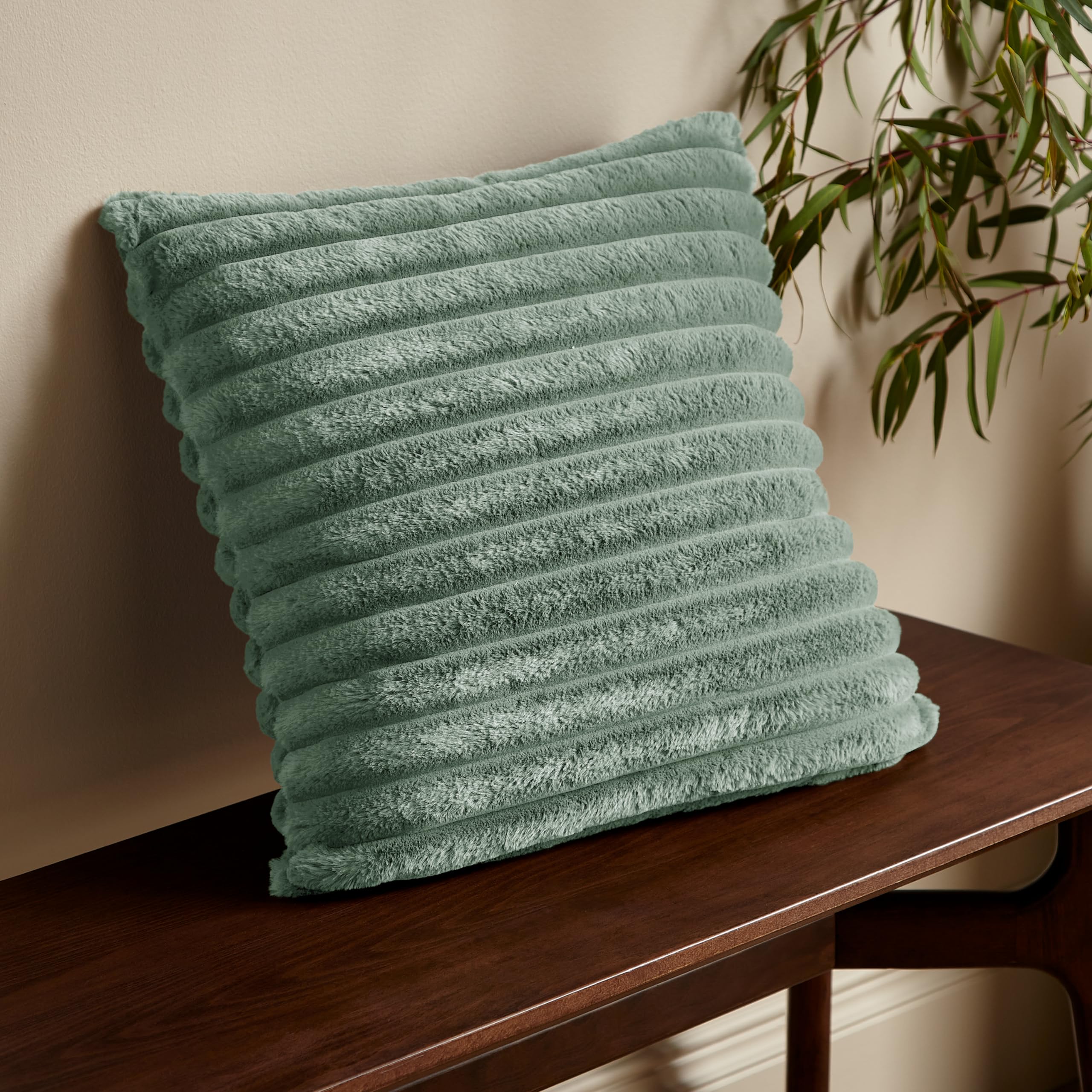 Catherine Lansfield  Green Cosy Ribbed Faux Fur Soft Touch Cushion in Size 45x45cm, Sports Direct