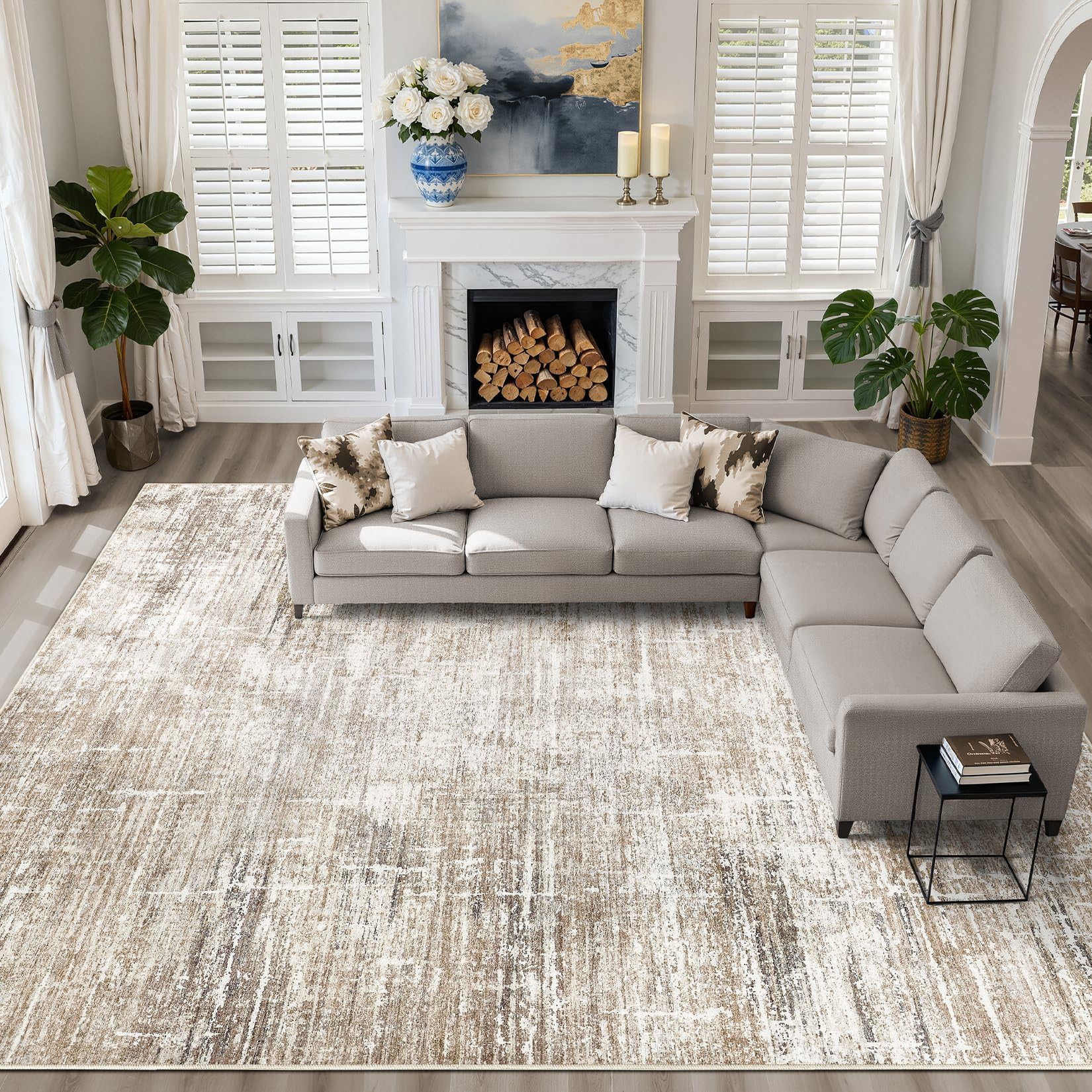 Photo 1 of 10x14 Area Rugs Living Room: Washable Large Neutral Rug Abstract Soft Modern Stain Resistant Indoor Floor Non-Slip Carpet for Bedroom Nursery Kids Office Playroom Dining Room Under Table- Dark Brown