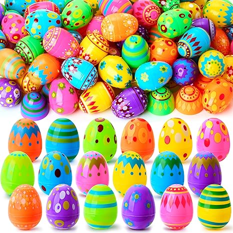JOYIN 100 Pcs Plastic Printed Bright Easter Eggs 2.3" Tall for Easter Hunt, Basket Stuffers Fillers, Classroom Prize Supplies, Filling Treats and Party Favor