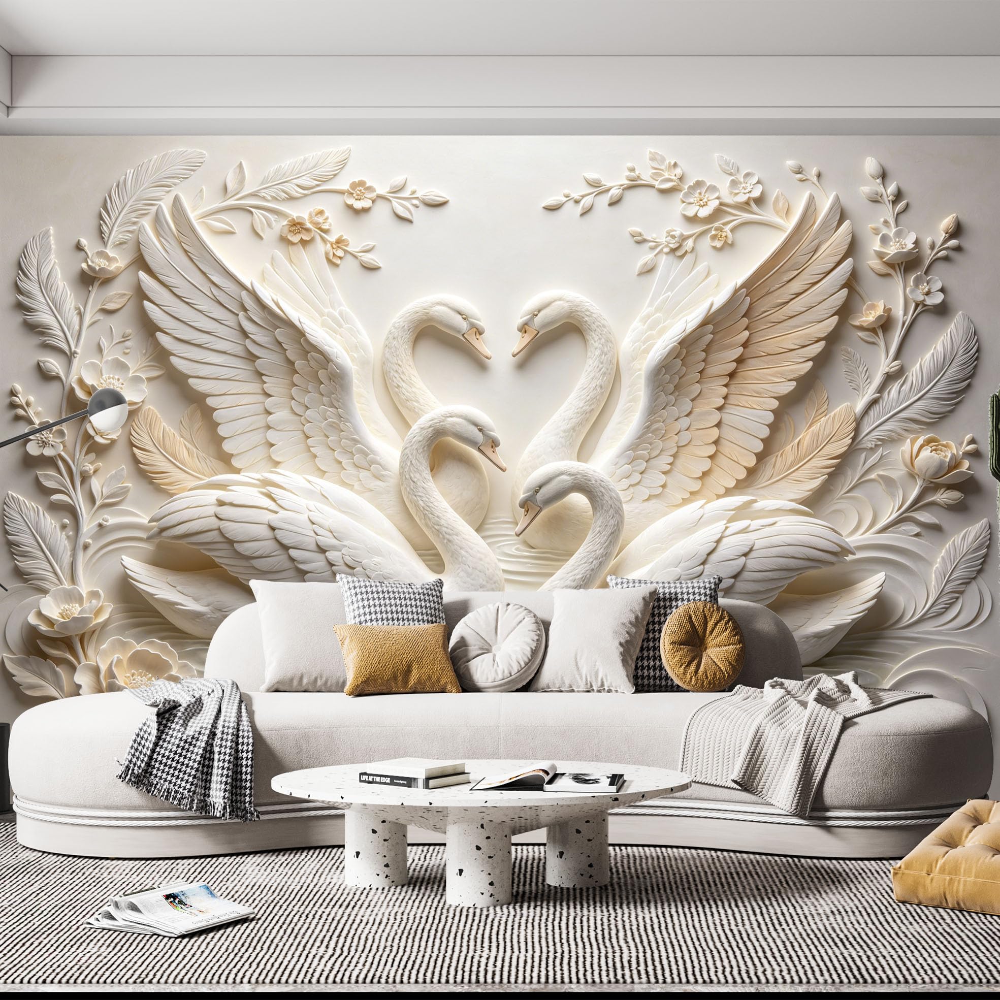 Biały łabędź kwiatowy mural elegancki łabędzie jezioro efekt tłoczenia włóknina tapeta luksusowa europejska para łabędzia botaniczna fototapeta 159 x 280 cm kremowa biała dekoracja ścienna do salonu