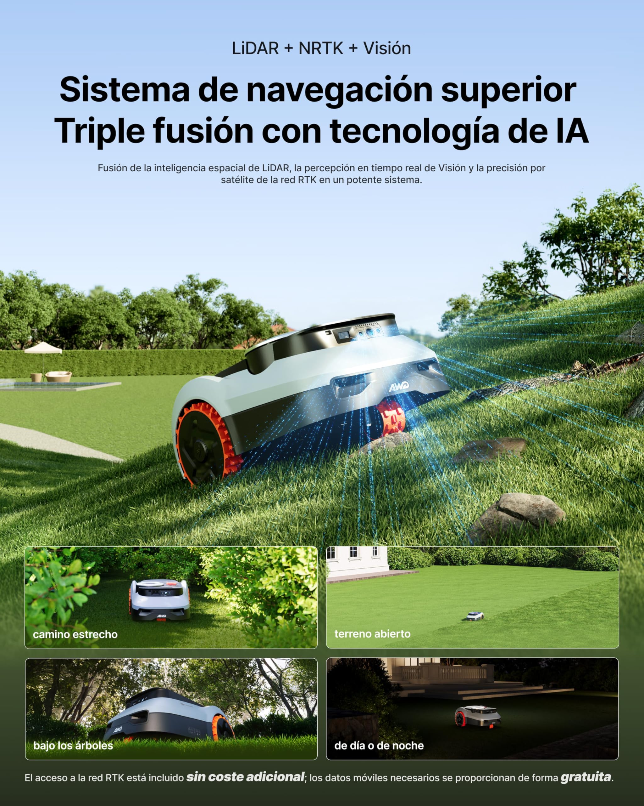 Segway Navimow i220 LiDAR Pro Robot cortacésped con Garage M, LiDAR + Visión + Red RTK, Xero-Turn AWD, mapeo automático, Tracción Integral para Pendientes del 55%, Rec. 2000 m² (Envío por Separado)