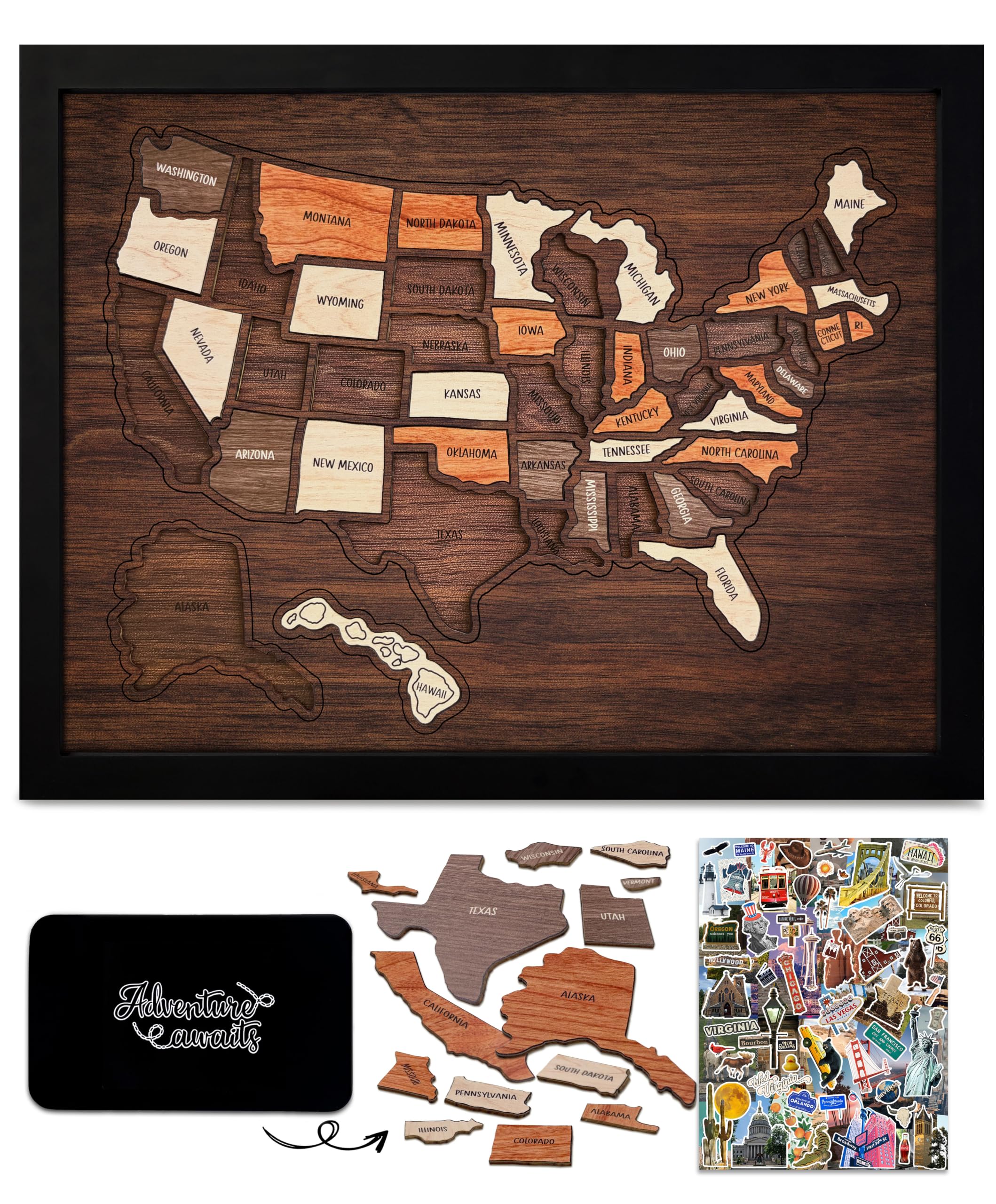 flinelife Carte de voyage des États-Unis, 43,2 x 33 cm, puzzle en bois, parfait pour les couples et les familles