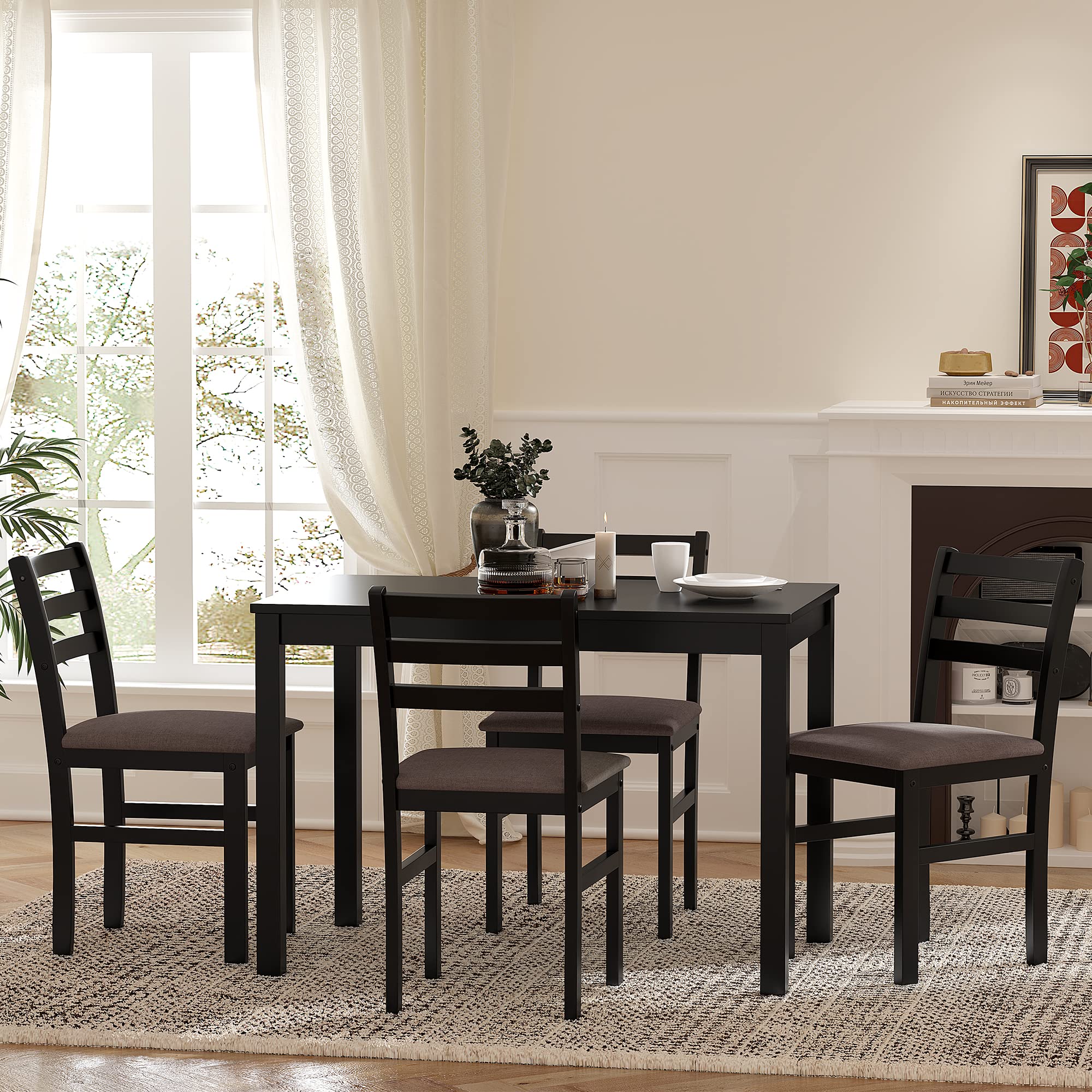 Shaker Counter Height Dining Table and 4 Bar Stools Set. Color: BZ-Walnut Model: W1673115471, 5 Pc. Dining Set.