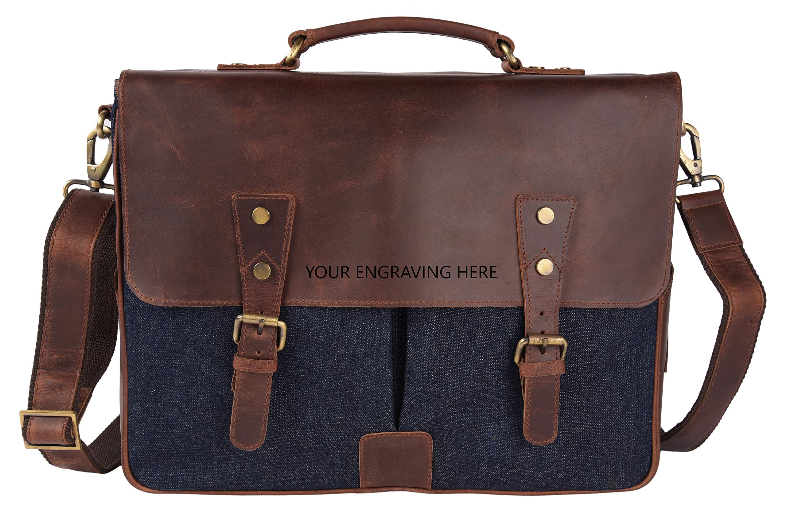 Vintage Leather and Jeans Combined Custom Engraved Leather Laptop Bag. Personalised with Your Name or Logo The Perfect Creative Gift. (Blue with Dark Brown) (B0813LYCV3) Amazon Price History, Amazon Price Tracker