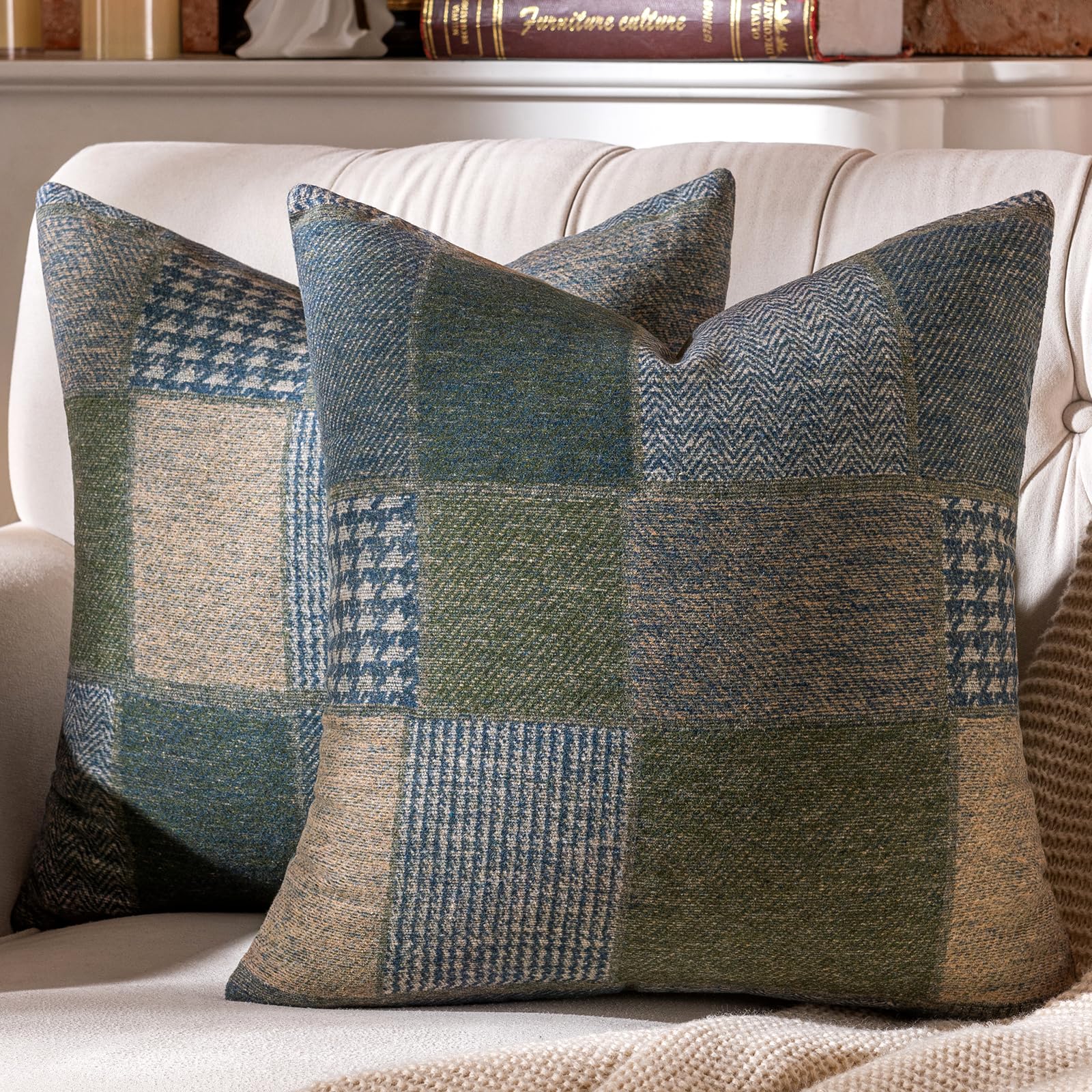 AmHoo Set of 2 Throw Pillow Covers Woolen Patchwork Checkered Farmhouse Decorative Square Pillows Cover Pillowcase for Sofa Couch Bed 18 x 18-Inch