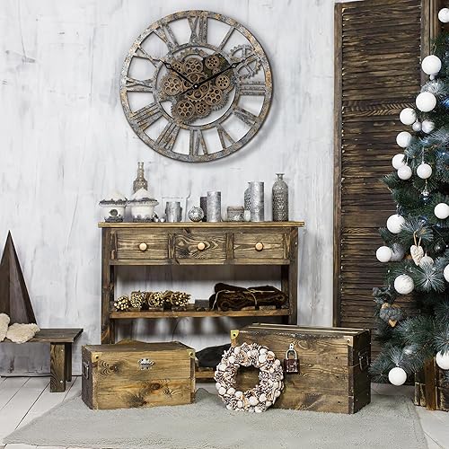 Miniatura 3 de Lafocuse Reloj de pared de engranaje móvil real de 23 pulgadas, reloj de pared grande de madera Steampunk para decoración de sala de estar, granja