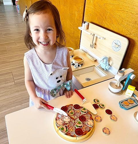 Miniatura 4 de Montessori Mama Juego de pizza de comida de simulación, juego de pizza de juguetes de cocina, juego de pizza de juguete para niños de 3 a 5 años,