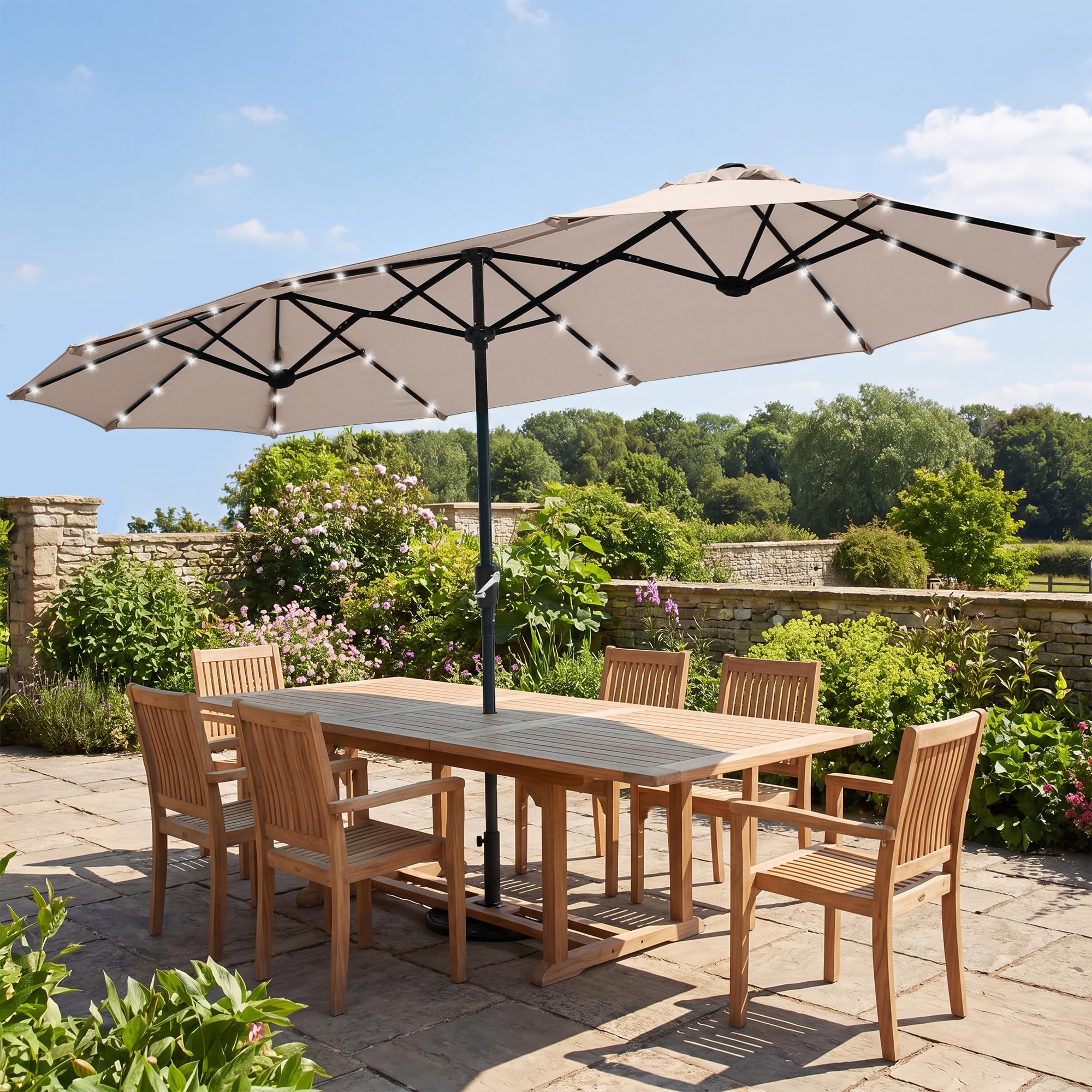 REE SOLDIER 13ft Double Sided Patio Umbrella with Solar Lights (Beige)