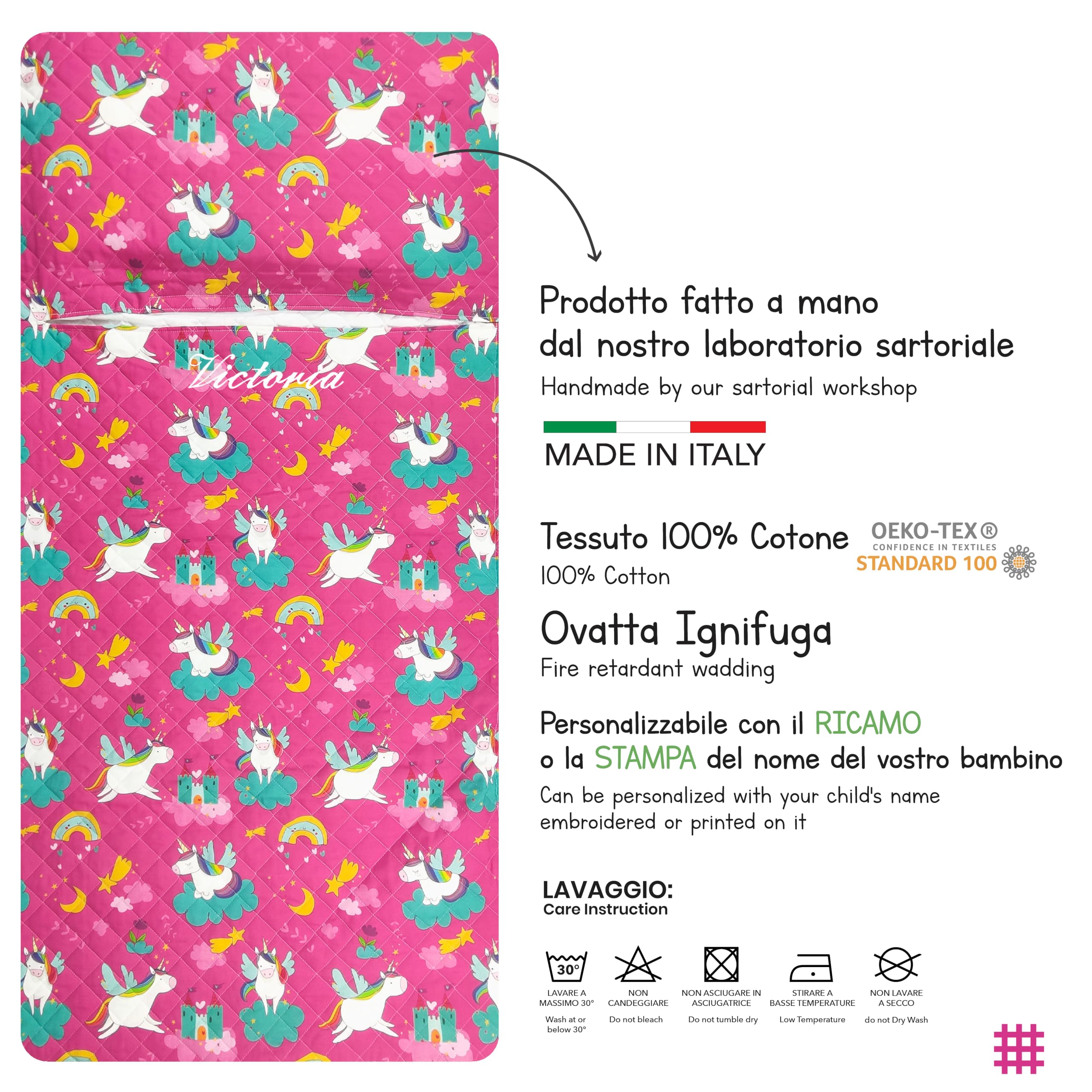 Saco de dormir bordado para niño y niña de 2 a 6 años – Tejido acolchado 100% algodón – Fabricado en Italia (saco de dormir unicornios y arcoíris)