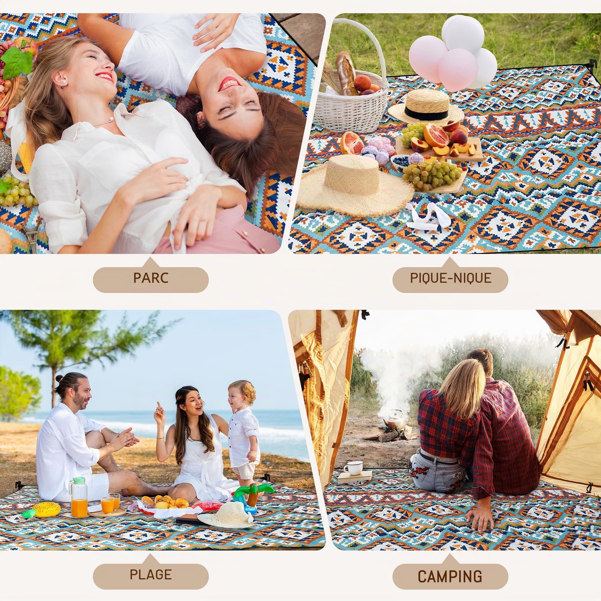 Gucass Couverture de Pique-Nique Boho, 200 x 200 cm Tapis de Pique-Nique Imperméable Lavable, Tapis de Picnic sans Sable, Pliable Portable Couverture de Plage pour Camping, BBQ, Jardin, Voyage
