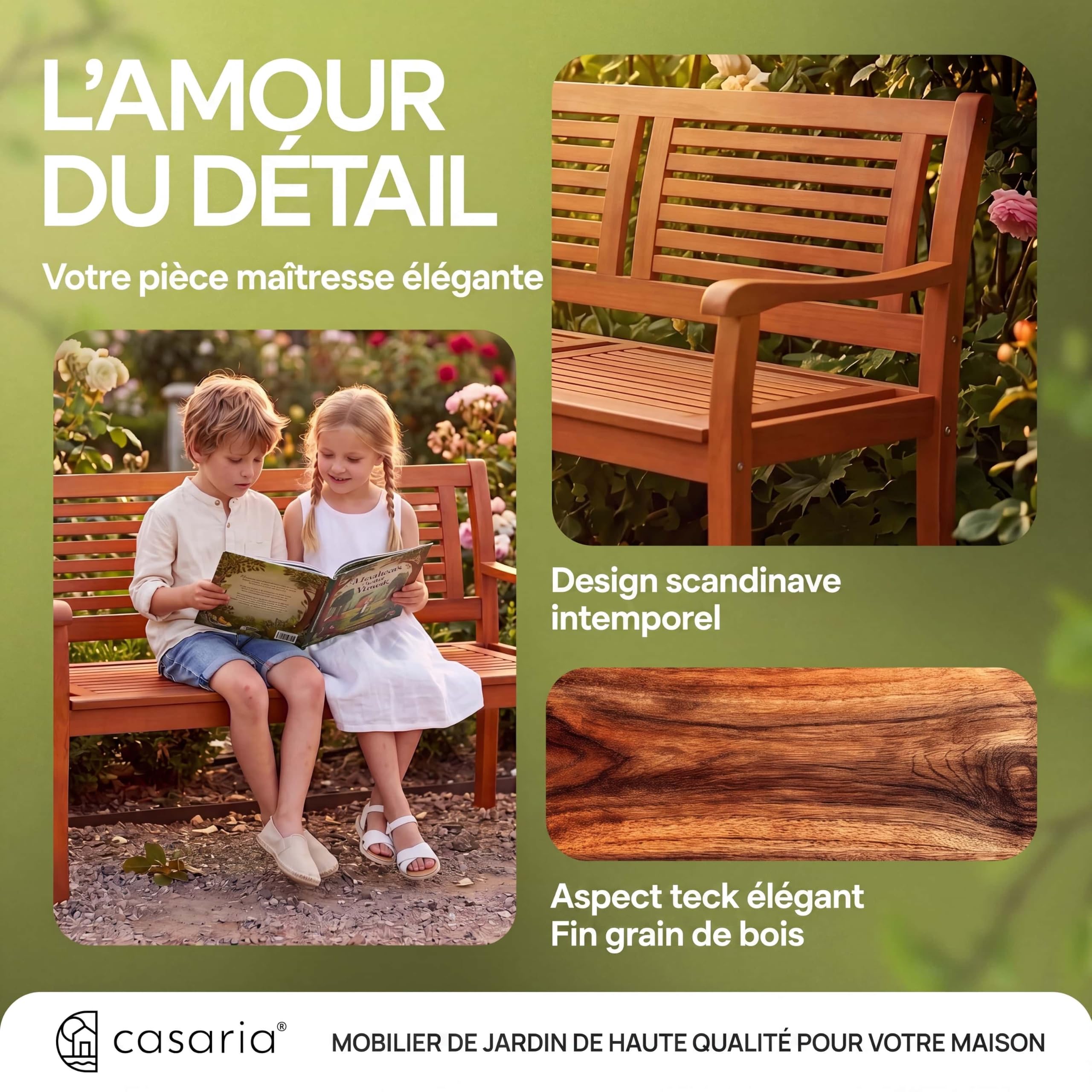 CASARIA® Banco de Jardín Exterior, Madera Certificada FSC® Eucalipto, Carga 320Kg, 2 Plazas, Mueble para Terraza Balcón Patio, 120x56cm, Reposabrazos, Resistente a la Intemperie