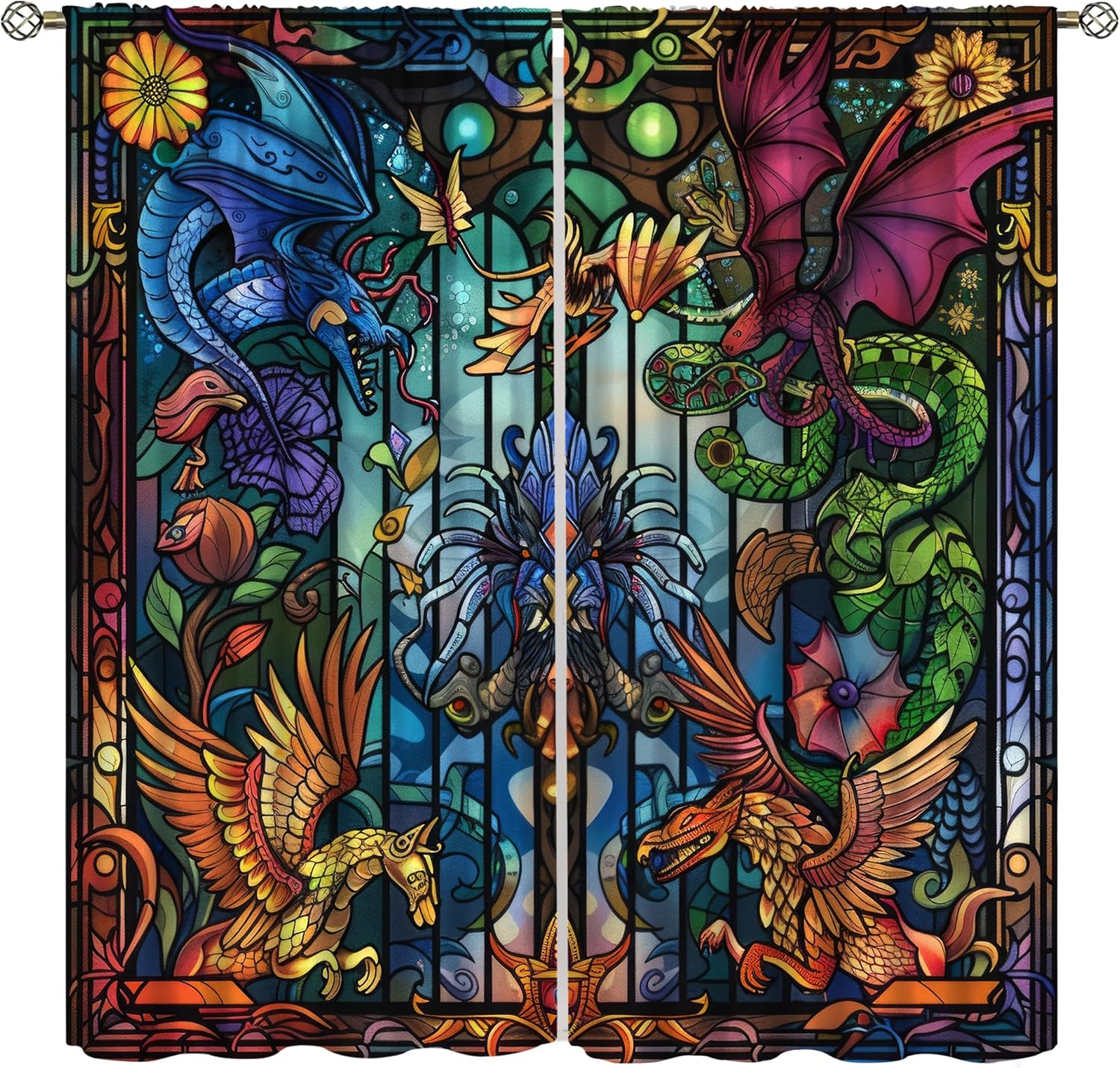 Stained Glass Window Curtains for Bedroom Kitchen Dragon Mythical Creatures Designs Colorful Drapes for Home Living Room Window Curtain 2Panel, 42x45 Inch