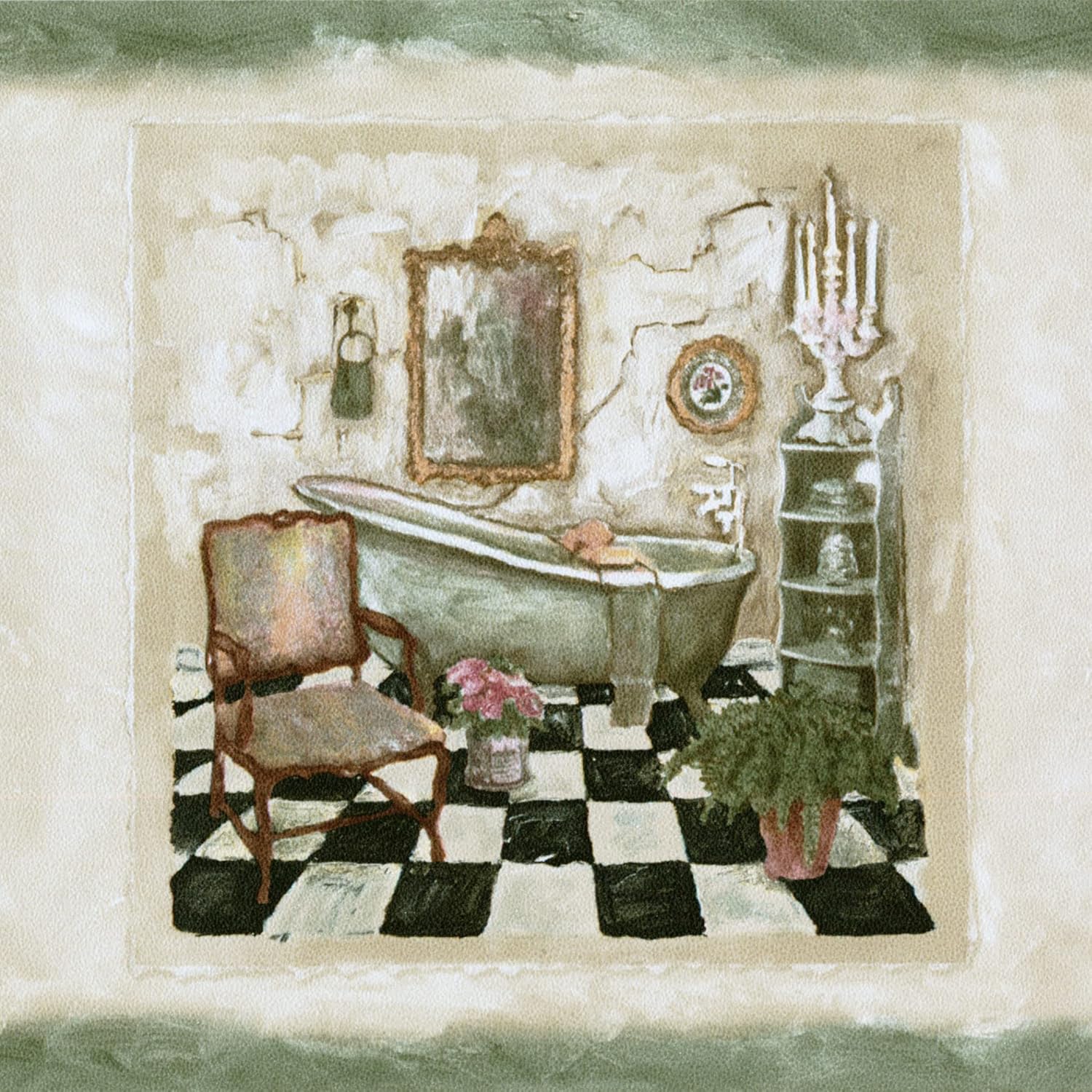 CONCORD WALLCOVERINGS ™ Wallpaper Border Vintage Pattern Bathrooms in Squares for Bathroom Powder Room, Beige Green, 15 ft by 7.2 in SP76478