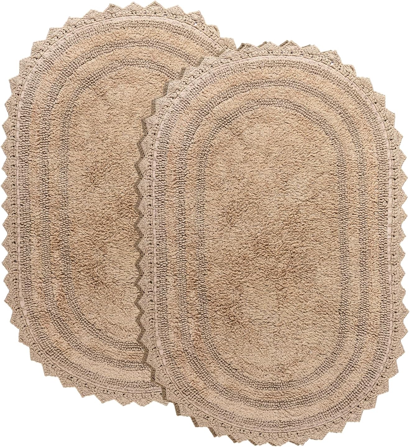 RAJRANG Cotton Bathroom Rug Pack of 2 - Oval 17x24 Inches Crochet Reversible Boho Bath Mat - Sand