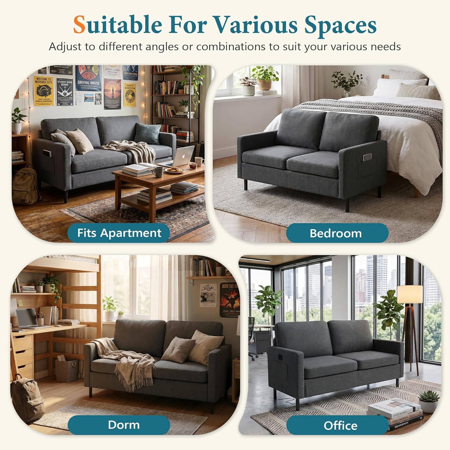 STHOUYN 56" W Fabric Loveseat Sofa with 2 USB, Small Couches for Living Room, Bedroom, Office, Easy Assembly & Comfy Cushion, Dark Grey