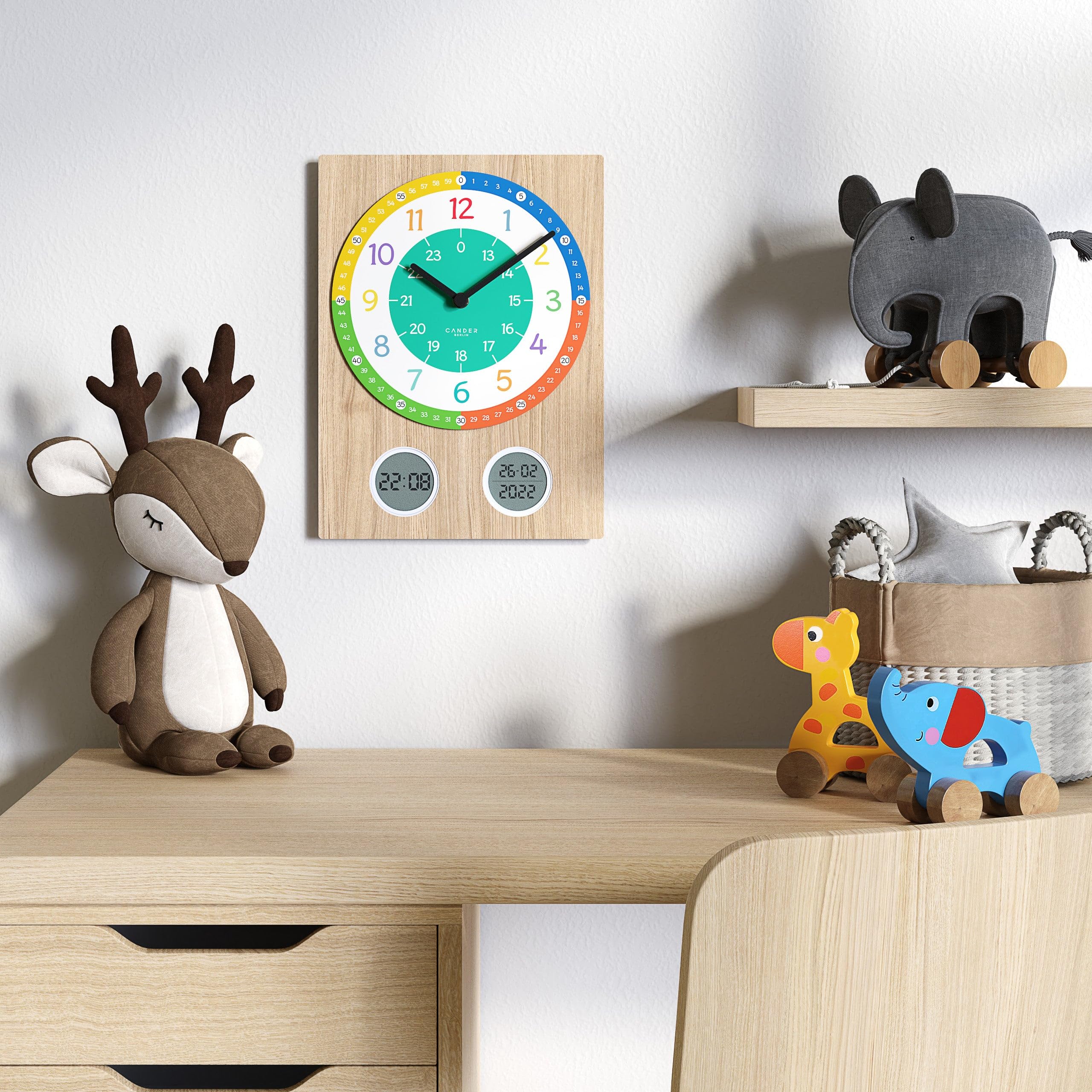 Cander Berlin MNU 11130 T zegar ścienny dla dzieci, bezgłośny, 35 cm, zegar edukacyjny, dla chłopców i dziewczynek, pokój dziecięcy, bez tykania, fornir drewniany, analogowy