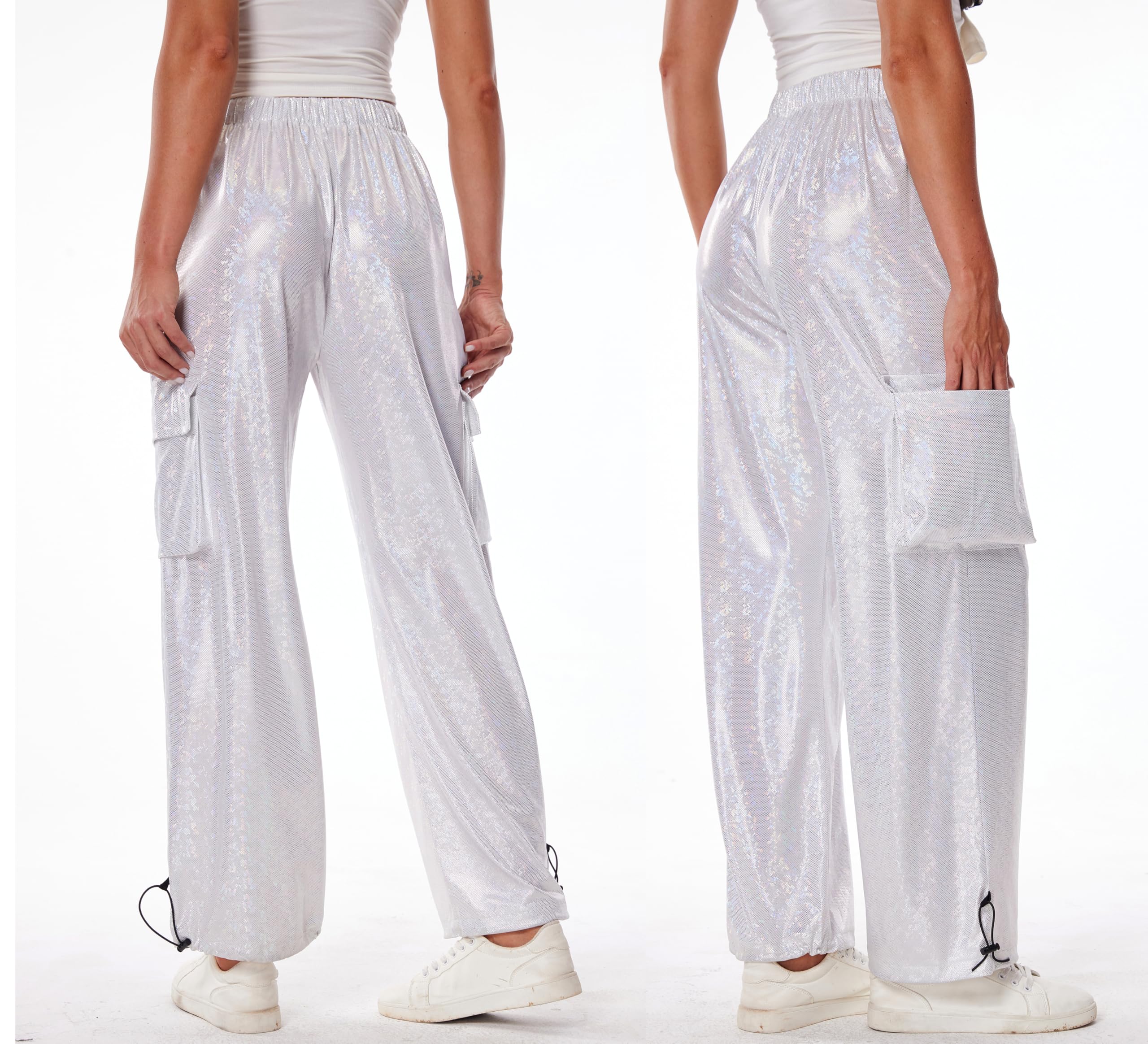 heipeiwa Women's Sequin Sparkly Wide Leg Cargo Pants Party Club Drawstring Ankle Cuffs Hiking Jogger Pant Silver