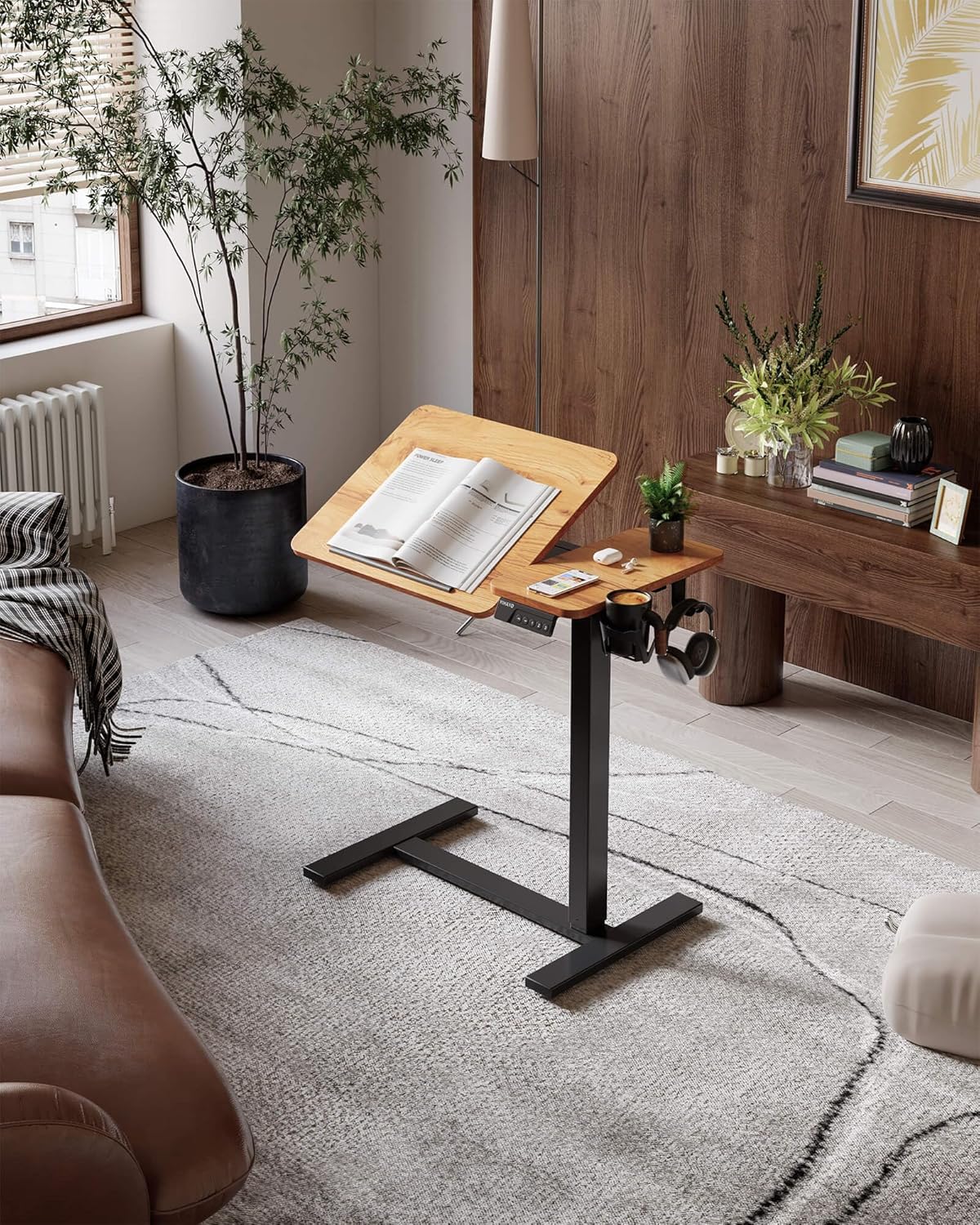 YIHAYO Electric Adjustable Overbed Bedside Table with Wheels, 24 x 16 Inches Mobile Standing Desk, Laptop Desk, Movable Overbed Tables Hospital Home Use, Rustic Brown