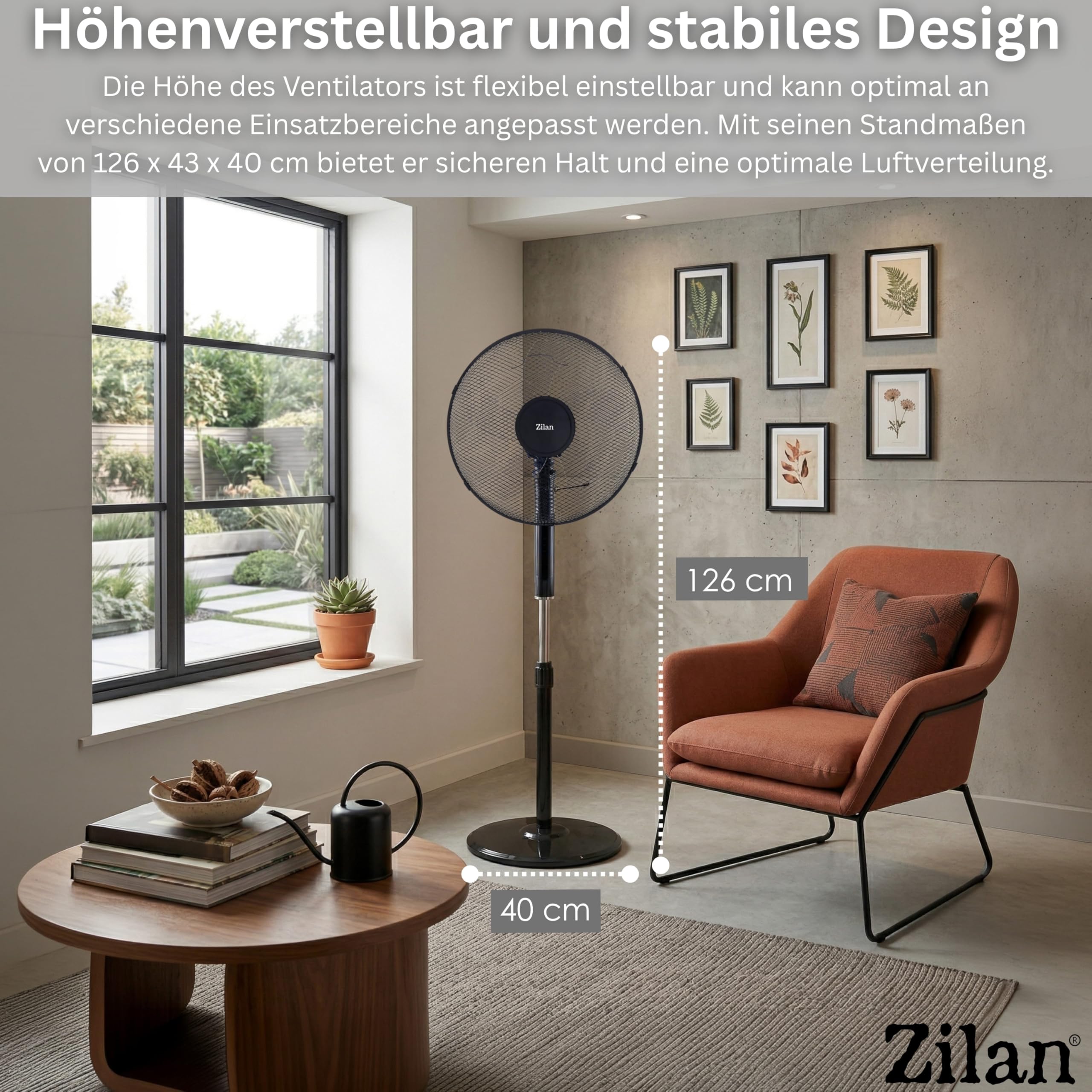 Zilan Standventilator 48W leise mit Fernbedienung Timer Ø43cm 3 Stufen Oszillation höhenverstellbar