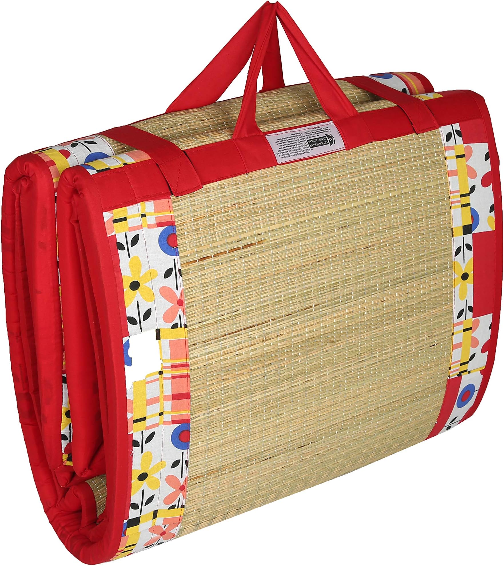 Kala Darshan Craft S Bazaar Foldable Korai Grass Mat (6 X 6 ft) with 24MM Soft Foam Product Magic, Fabric Red Cotton Comfert Sleep