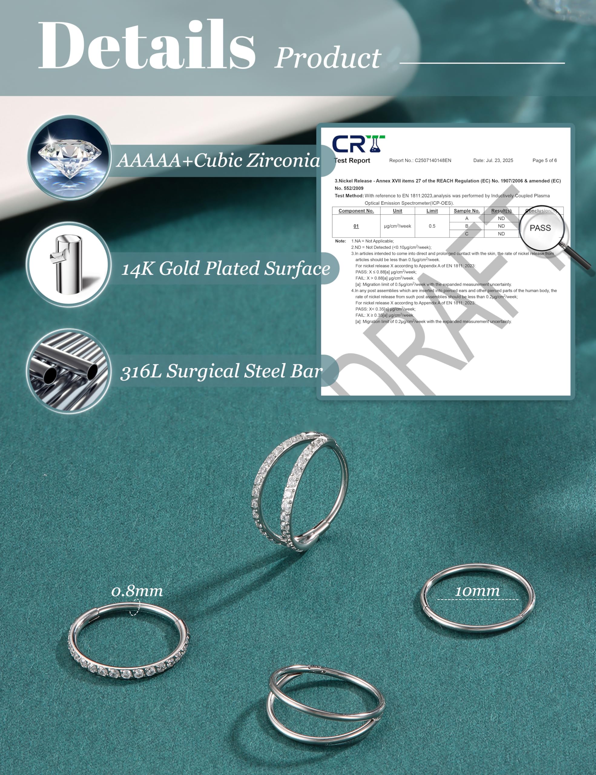 Dochais 4PCS 18G Piercing Naso Anello, Orecchini Acciaio Chirurgico Piercing Trago Septum Anello Clicker CZ, Anelli Segmento Conch Labbro Cartilagine Doppio 8mm 10mm per Donna Uomo