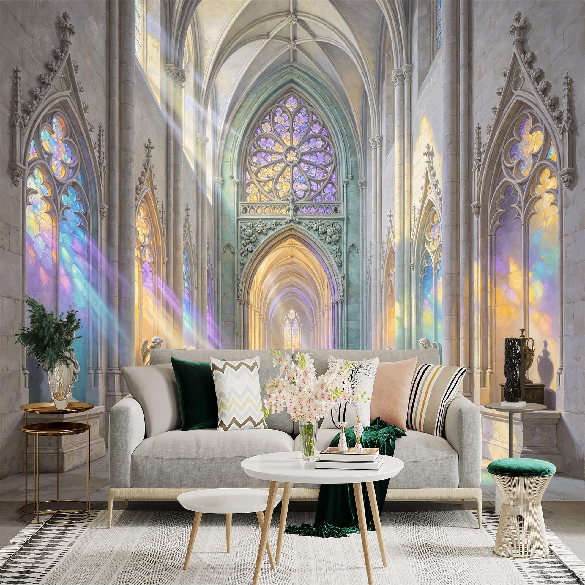 Custom Size Wall Sticker Mural， Gothic Cathedral Interior， Stained Glass Light Beams， for wall Decoration， peelandstick wall Decals.