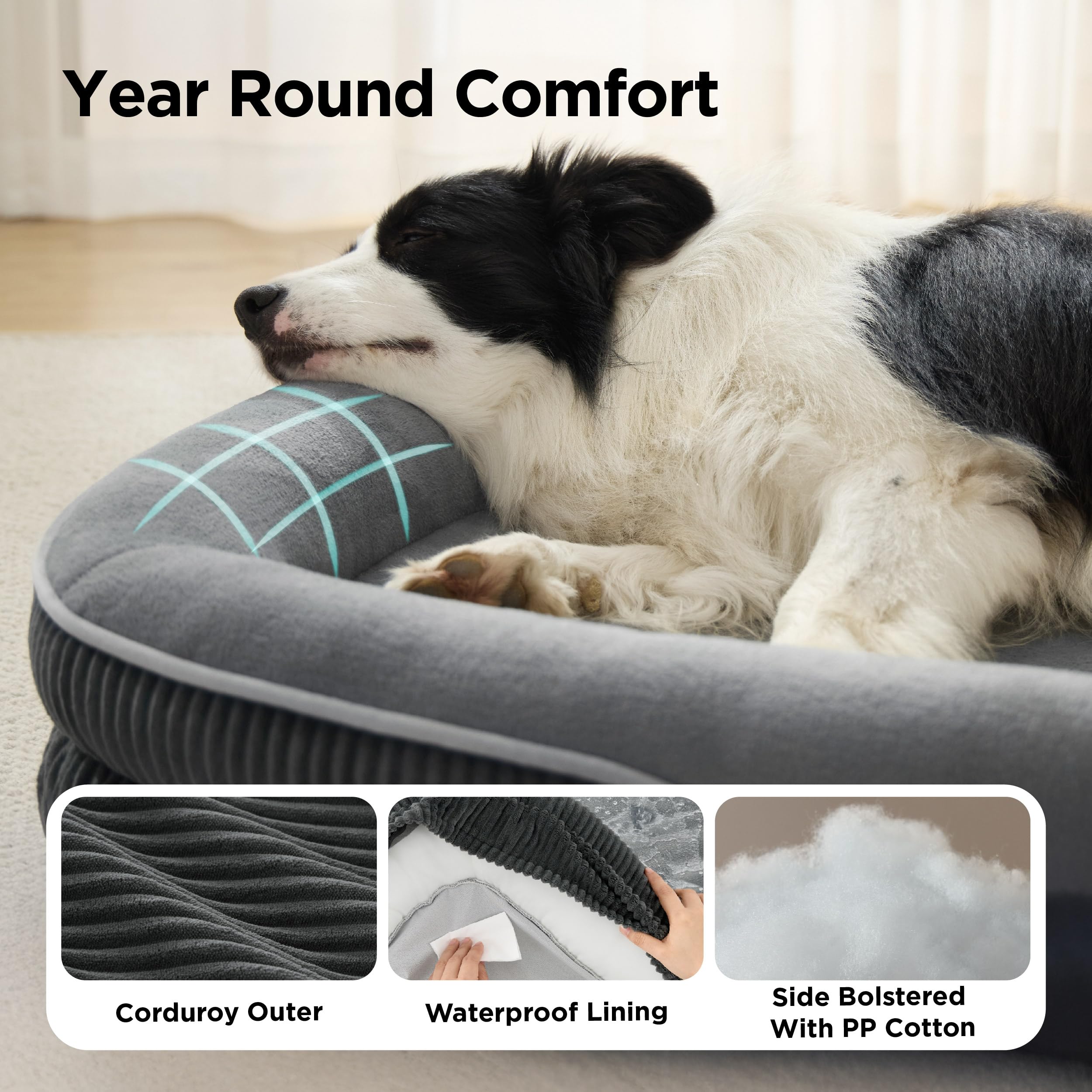 Bedsure Cama ortopédica para Perros Grandes, 97x71x18cm, Gris | 360° sofá-cama ovalado con borde elevado para perros mayores, funda impermeable y lavable, de felpa ultra suave