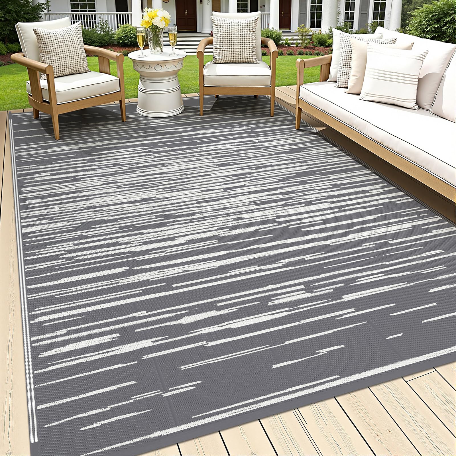 HEBE Alfombra de exterior para patio, reversible, impermeable, para exteriores, camping, caravana, tienda de campaña, a rayas, para caravana, patio, terraza, playa, balcón, caravana, porche
